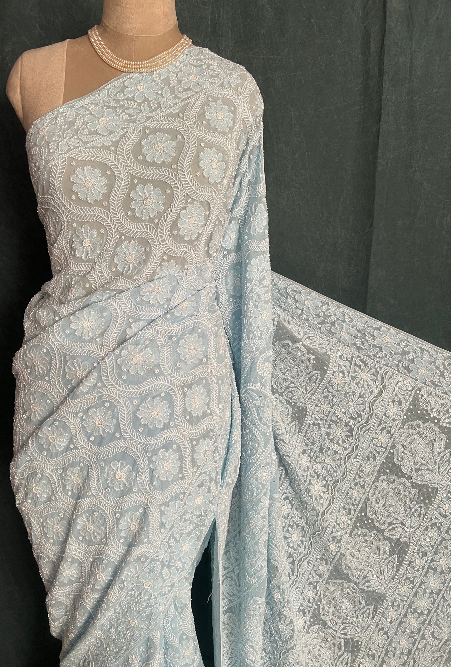 Ruhani Breezy Blue Chikankari Cut Dana and Pearl embroidered Saree