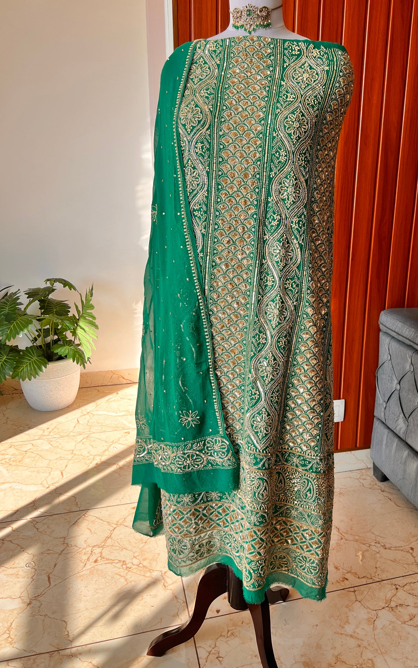 Ruhani Emerald Green Chikankari golden cut dana sequins kurta and dupatta