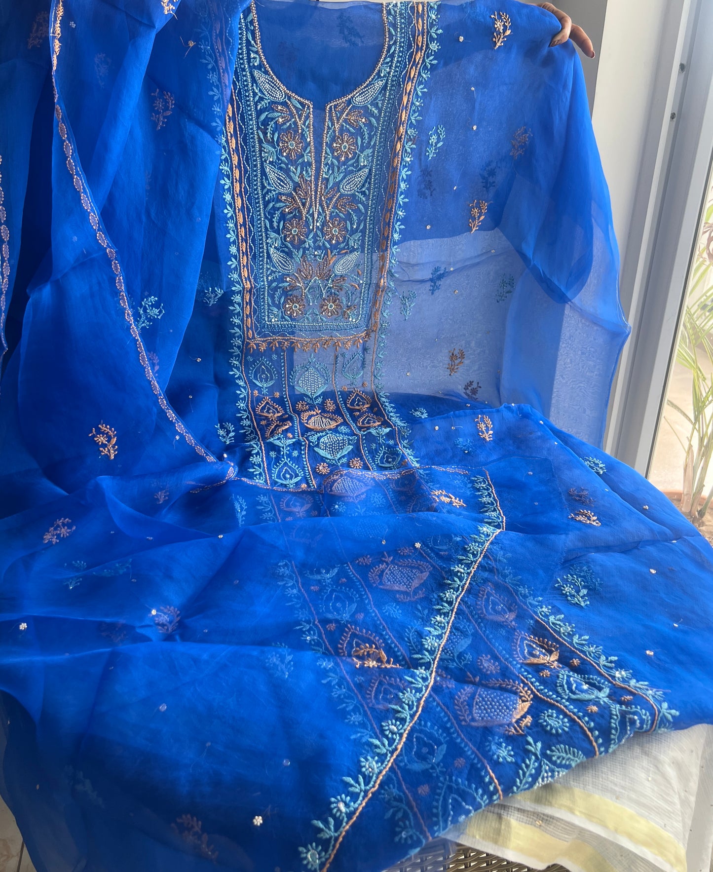 Royal Blue Chikankari pearl sequins pure Organza kurta with dupatta