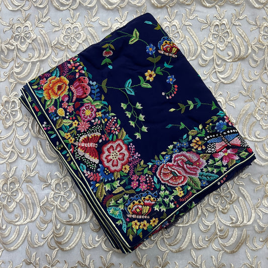 Pre-order Navy Blue Masterpiece Petit Point Hand Embroidered Saree