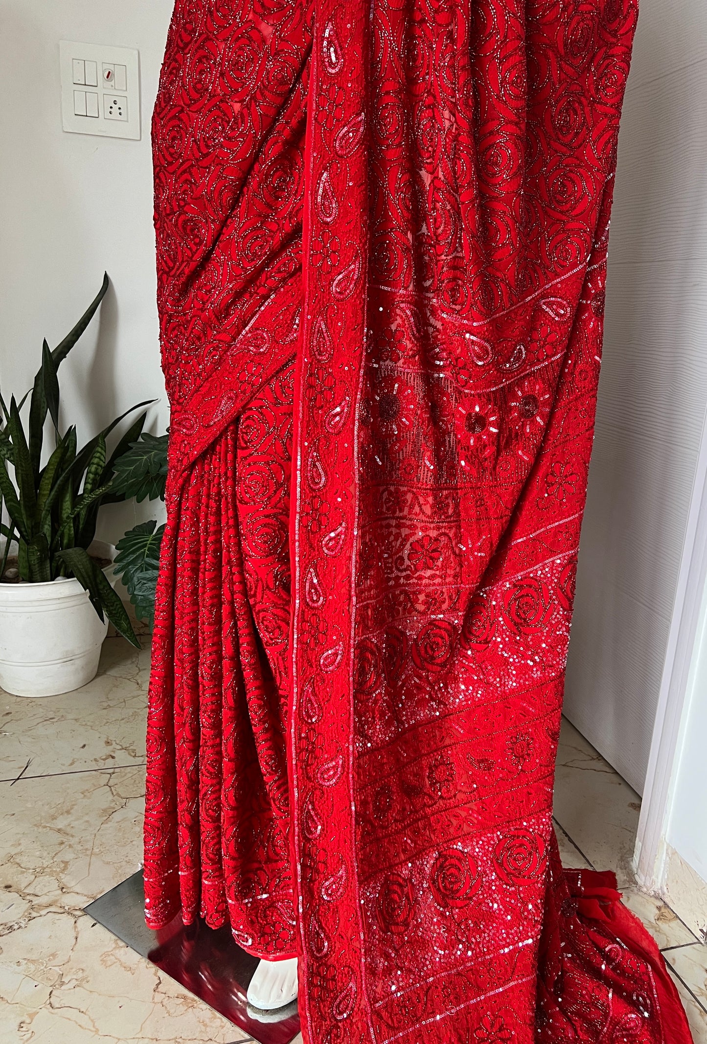 Red Gulaab Masterpiece Chikankari Cut Dana Sequins Saree