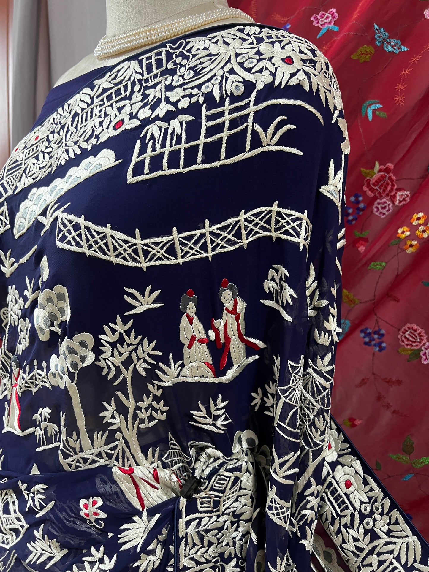 Navy Blue Masterpiece Chinese pattern Parsi Gara Pure Georgette Saree