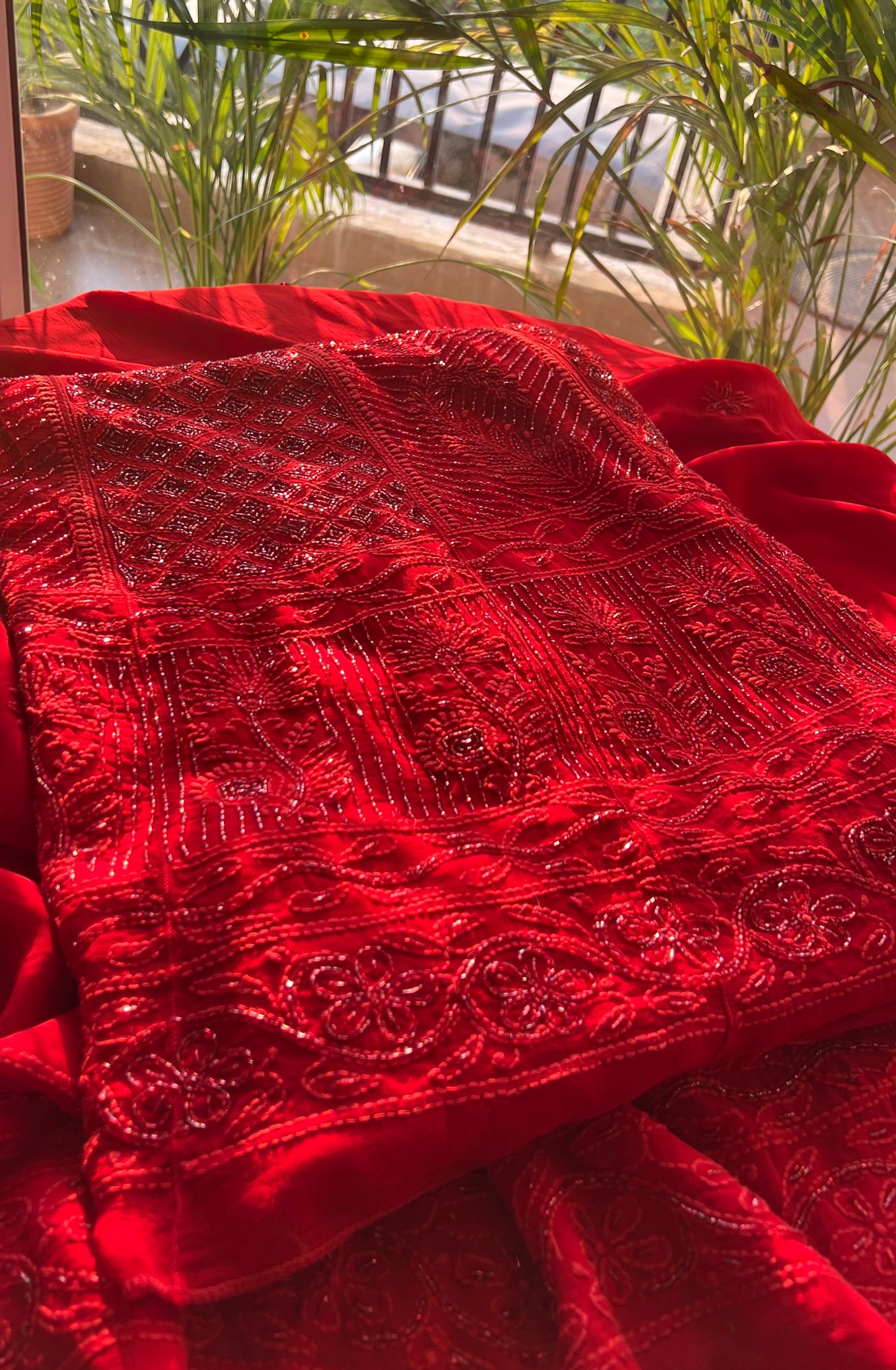 Red Chikankari Cut Dana and sequins Anarkali with Dupatta