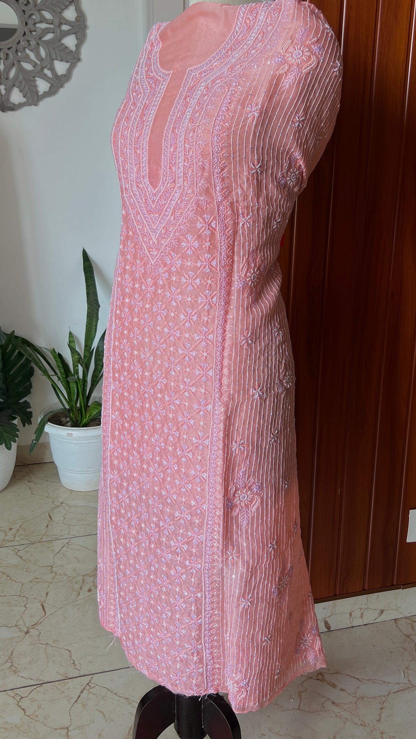 Ruhani Gajri Pink Chikankari & heavy Sequins pure Organza kurta with dupatta