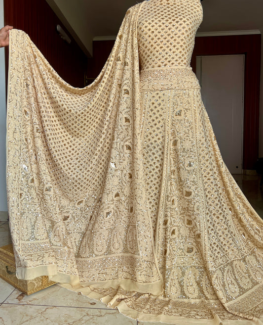 Masterpiece Ruhani Golden Beige Chikankari Sequins Wedding Lehenga