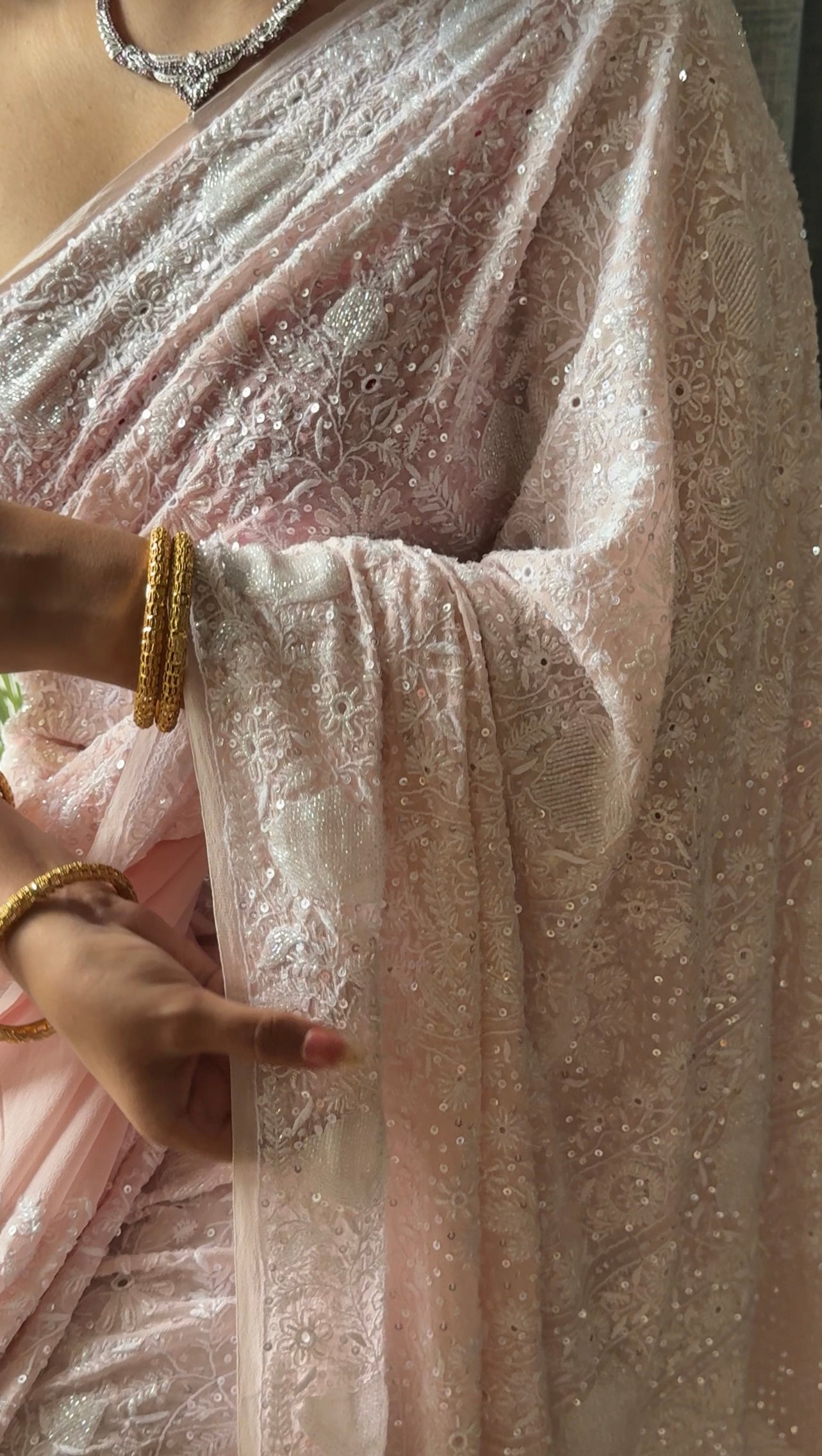 Suhaan Blush Pink Chikankari Do Taar Saree