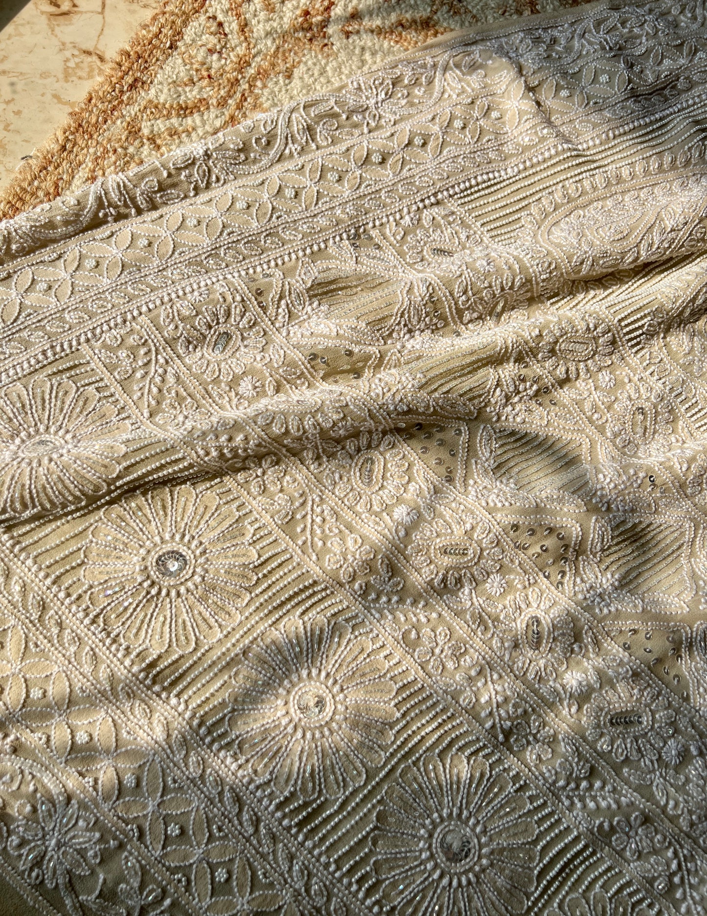 Ruhani Nude Champagne Chikankari Pearl Cut Dana and Sequins Saree