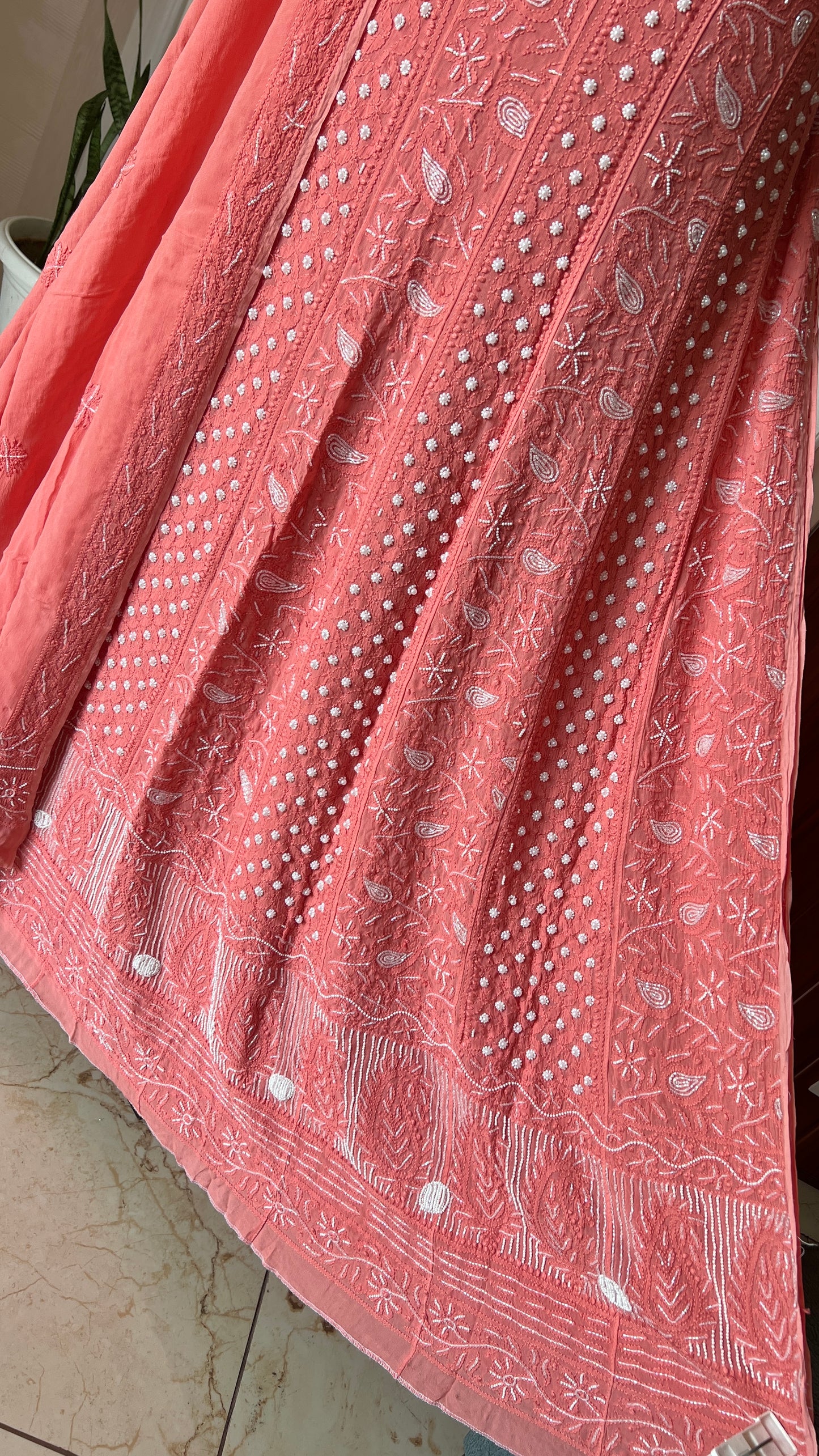 Coral peach Chikankari Cut Dana pearl Anarkali