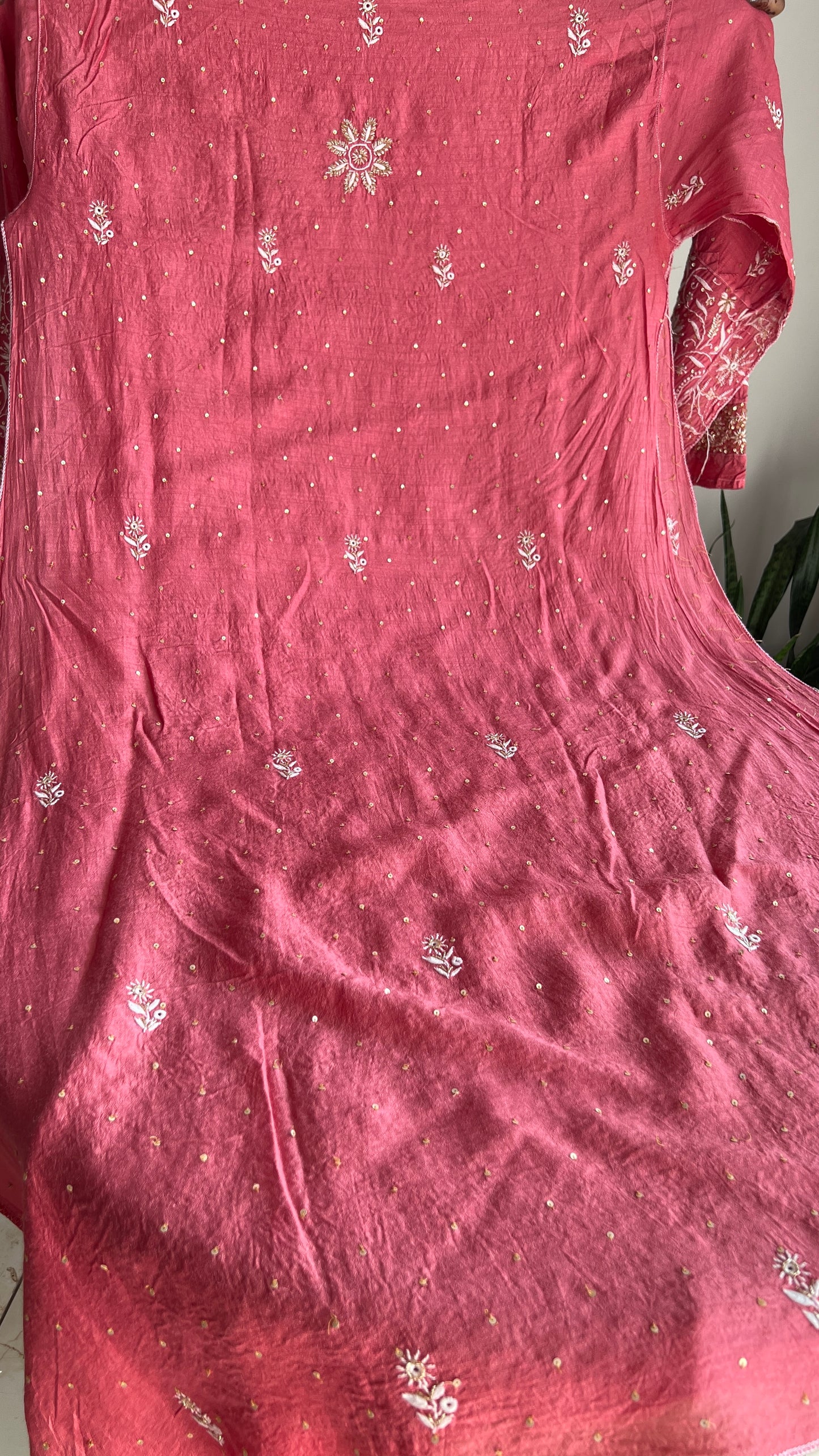 Moonga Silk Chikankari golden cut dana sequins kurta and dupatta