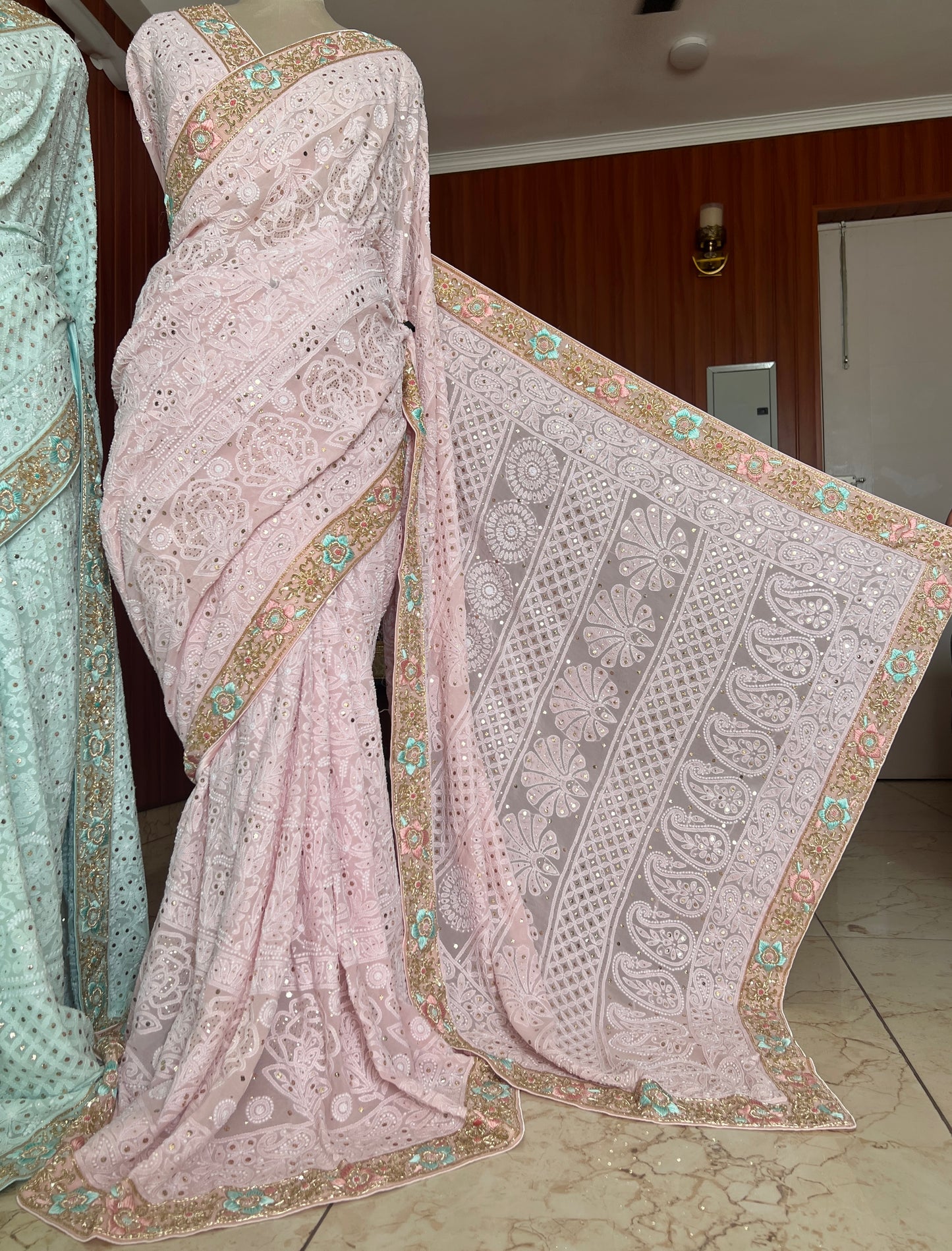 Ruhani Dusty Pink Chikankari and Mukaish Saree with designer border