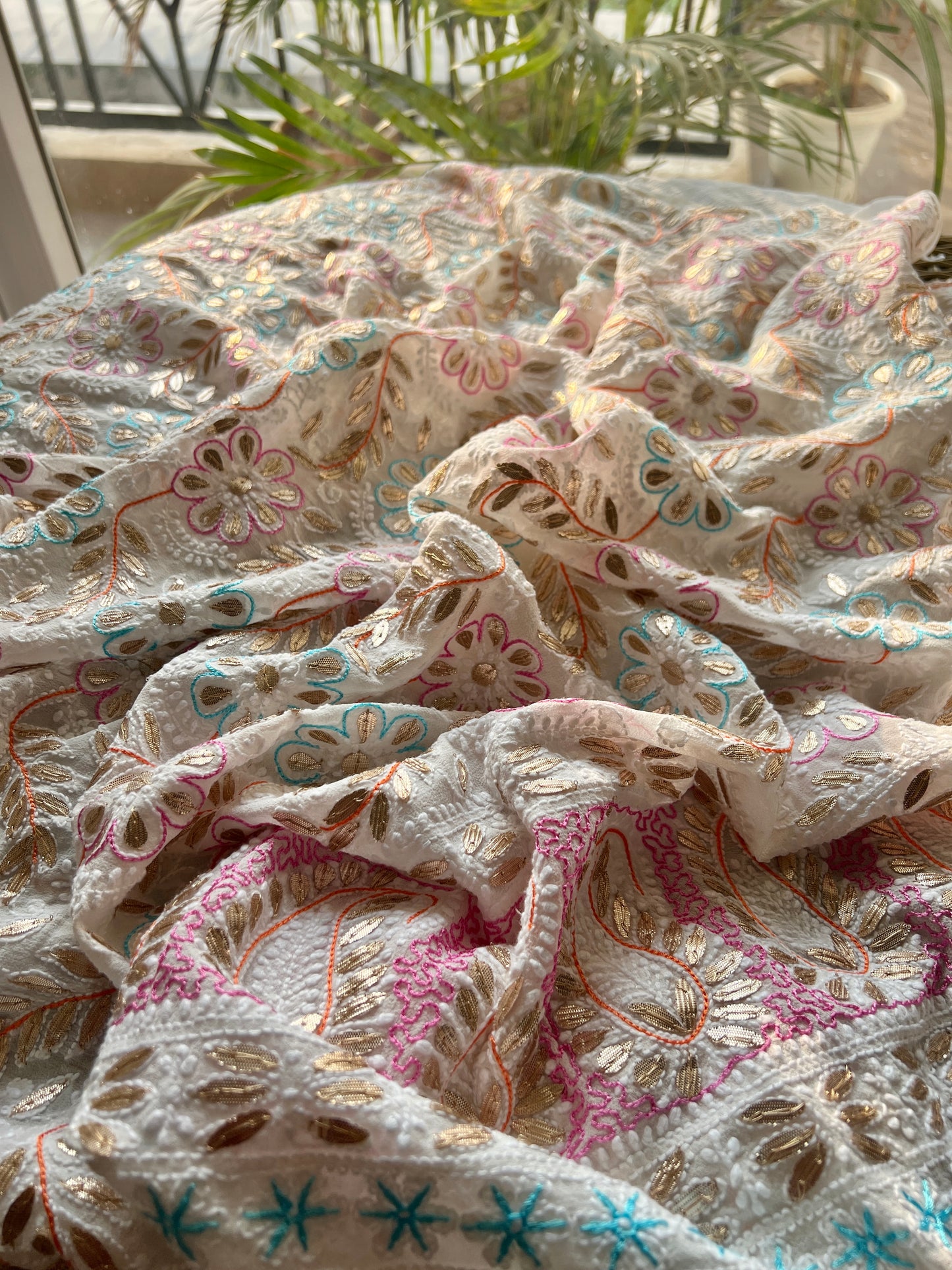 Ruhani Ivory Chikankari multicolored resham and gota patti pure georgette wedding dupatta