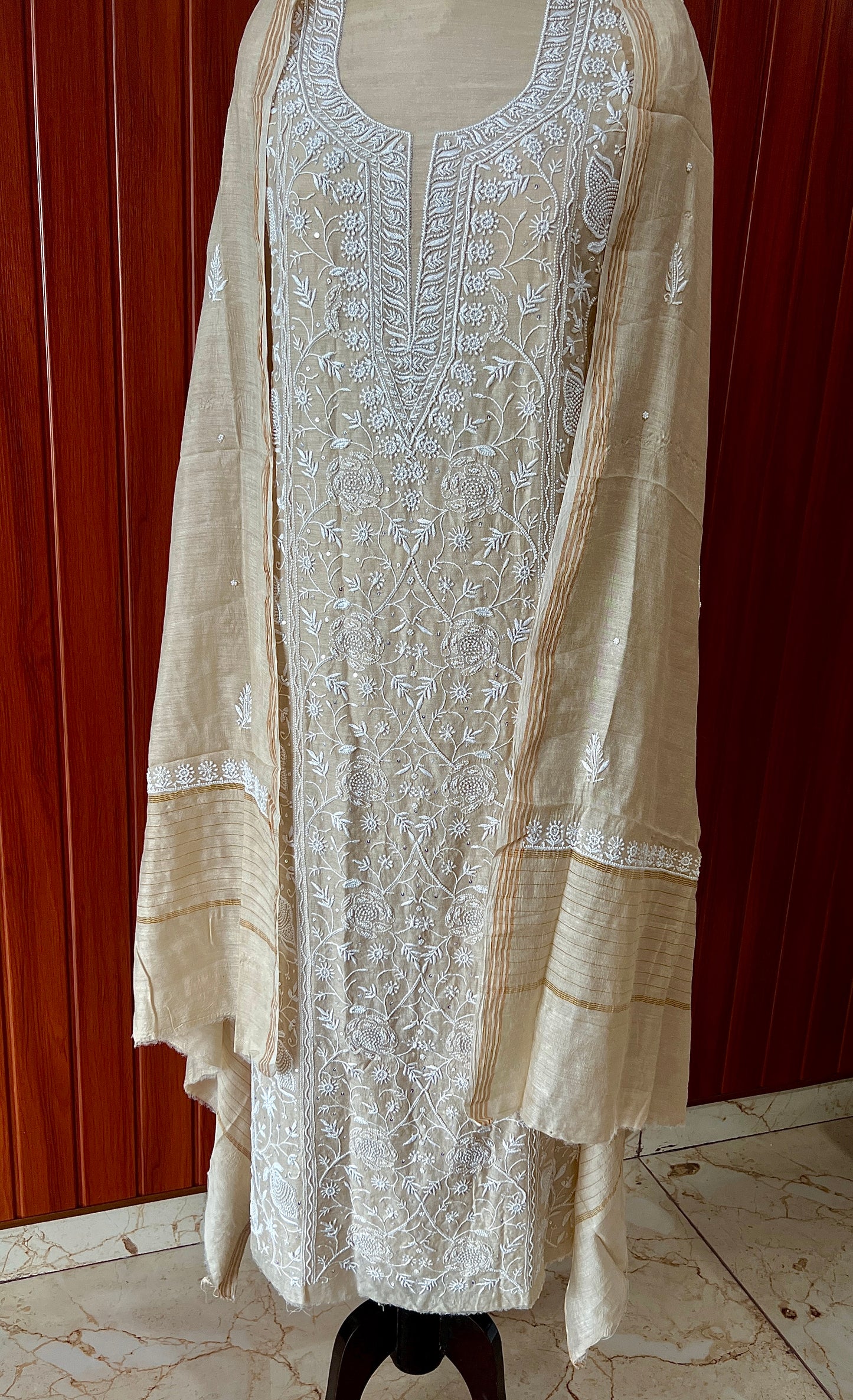 Munga silk Chikankari and pearl embroidered kurta and dupatta