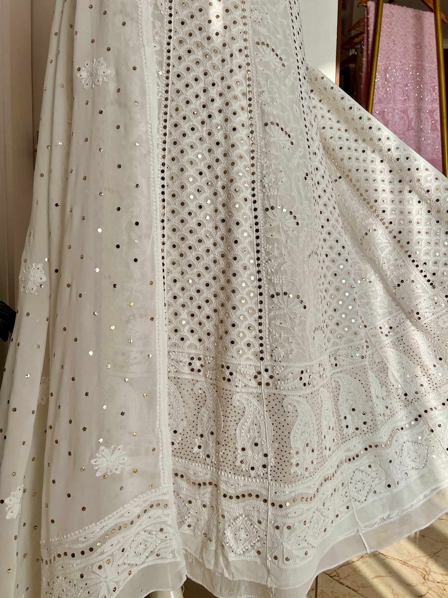 White allover Chikankari and mukaish anarkali with dupatta