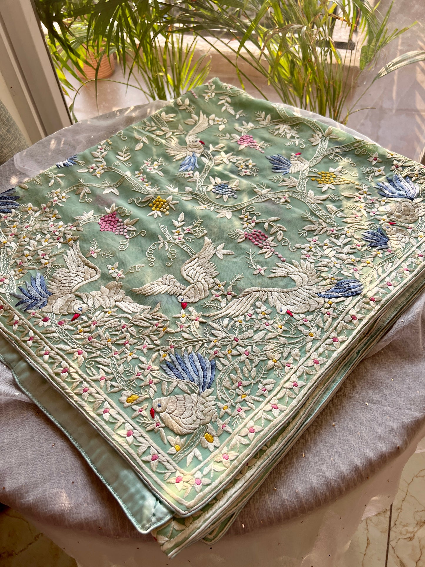 Mint green masterpiece Parsi Gara Dupatta Hand Embroidered