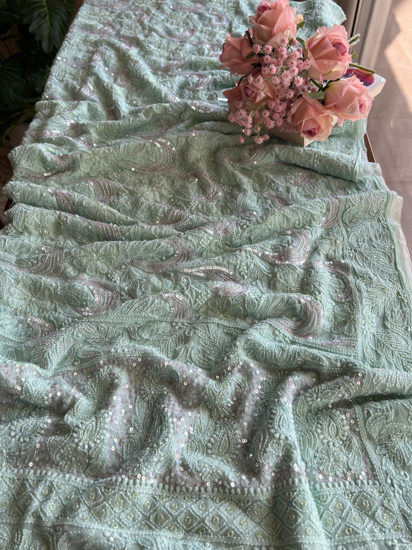 Mint Green Chikankari multi cut Dana and Sequins work Kurta with Jaal Dupatta