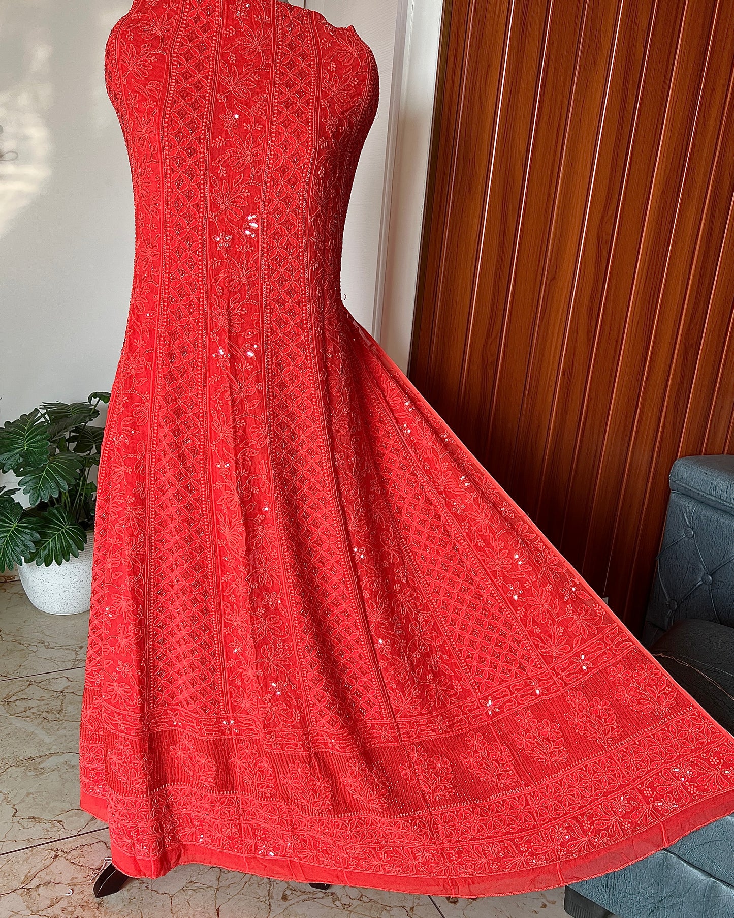 Coral Orange Chikankari Cut Dana and sequins Anarkali with Dupatta