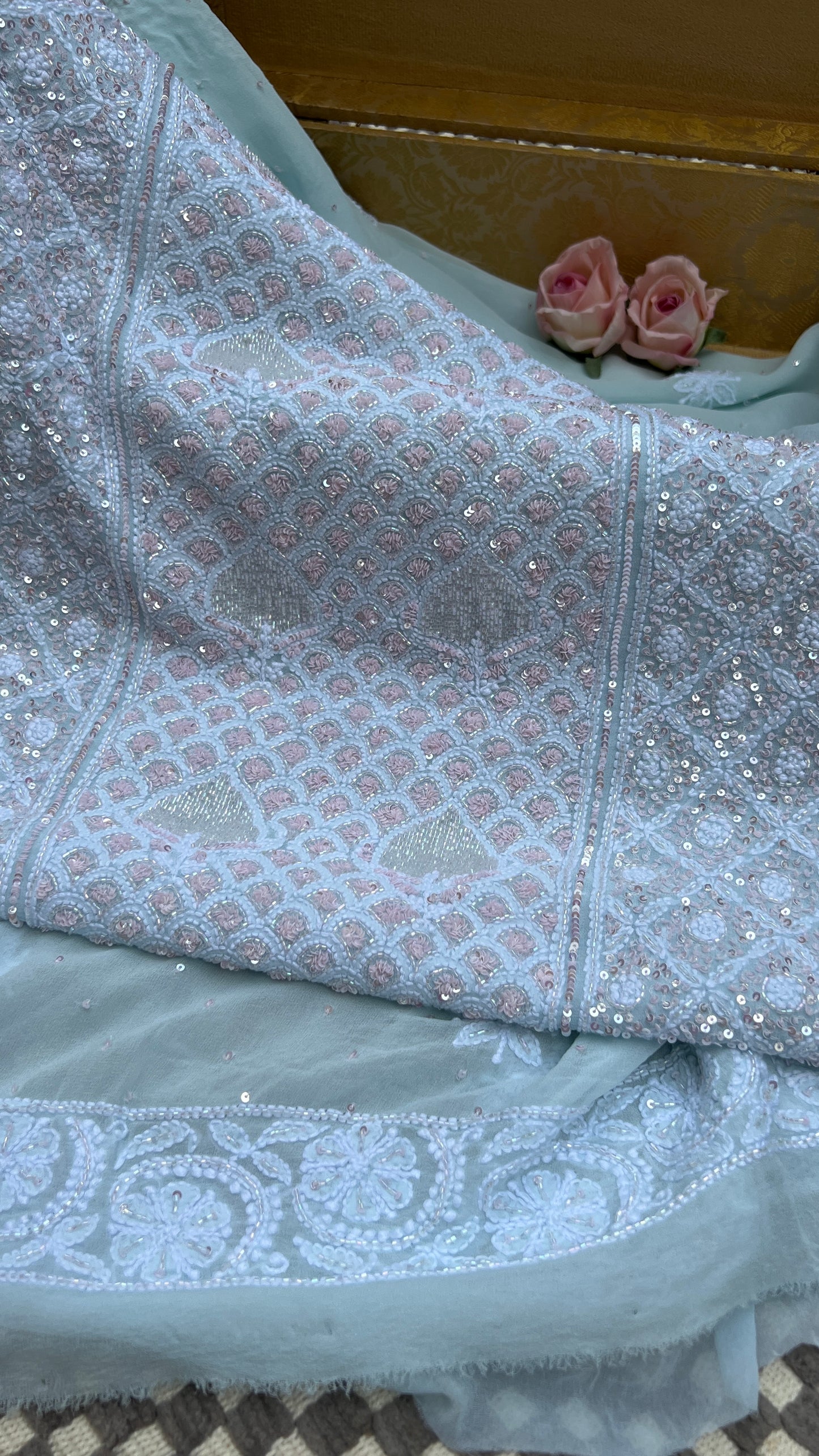 Ruhani Sky Blue with pink cut dana sequins kurta and dupatta