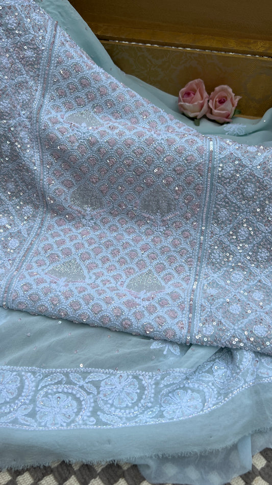 Ruhani Sky Blue with pink cut dana sequins kurta and dupatta
