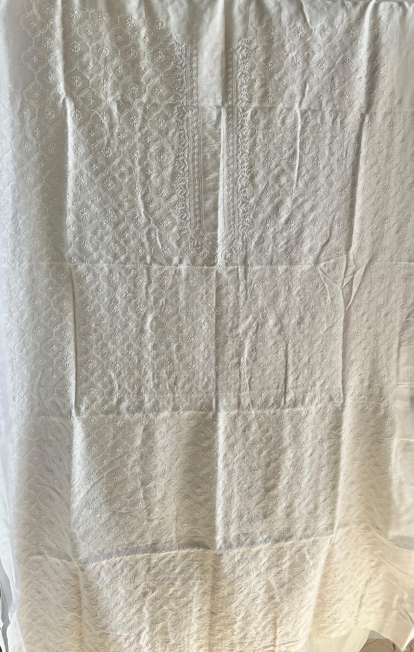 Ivory Chanderi Silk Men's Kurta fabric with fine Chikankari
