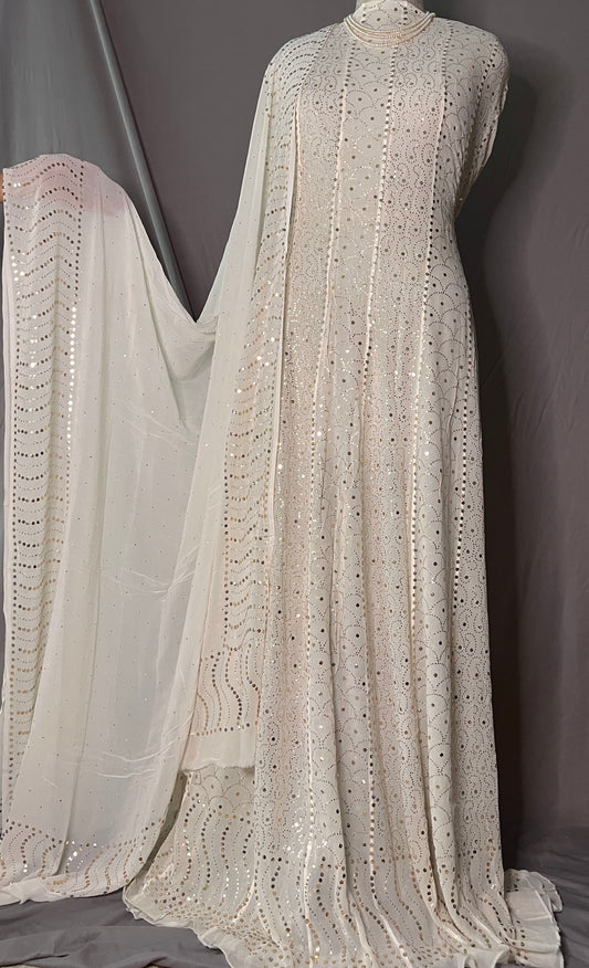 Ivory designer Mukaish Georgette Anarkali with Dupatta