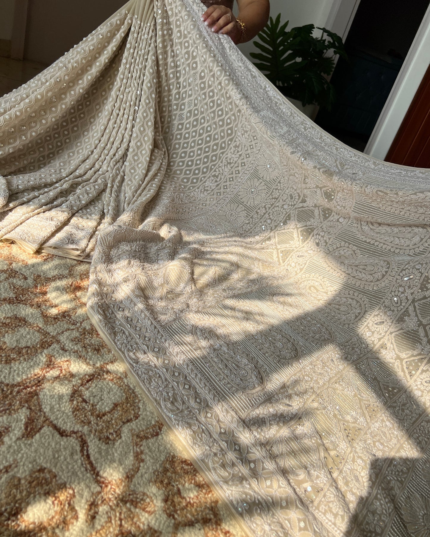 Ruhani Nude Champagne Chikankari Pearl Cut Dana and Sequins Saree