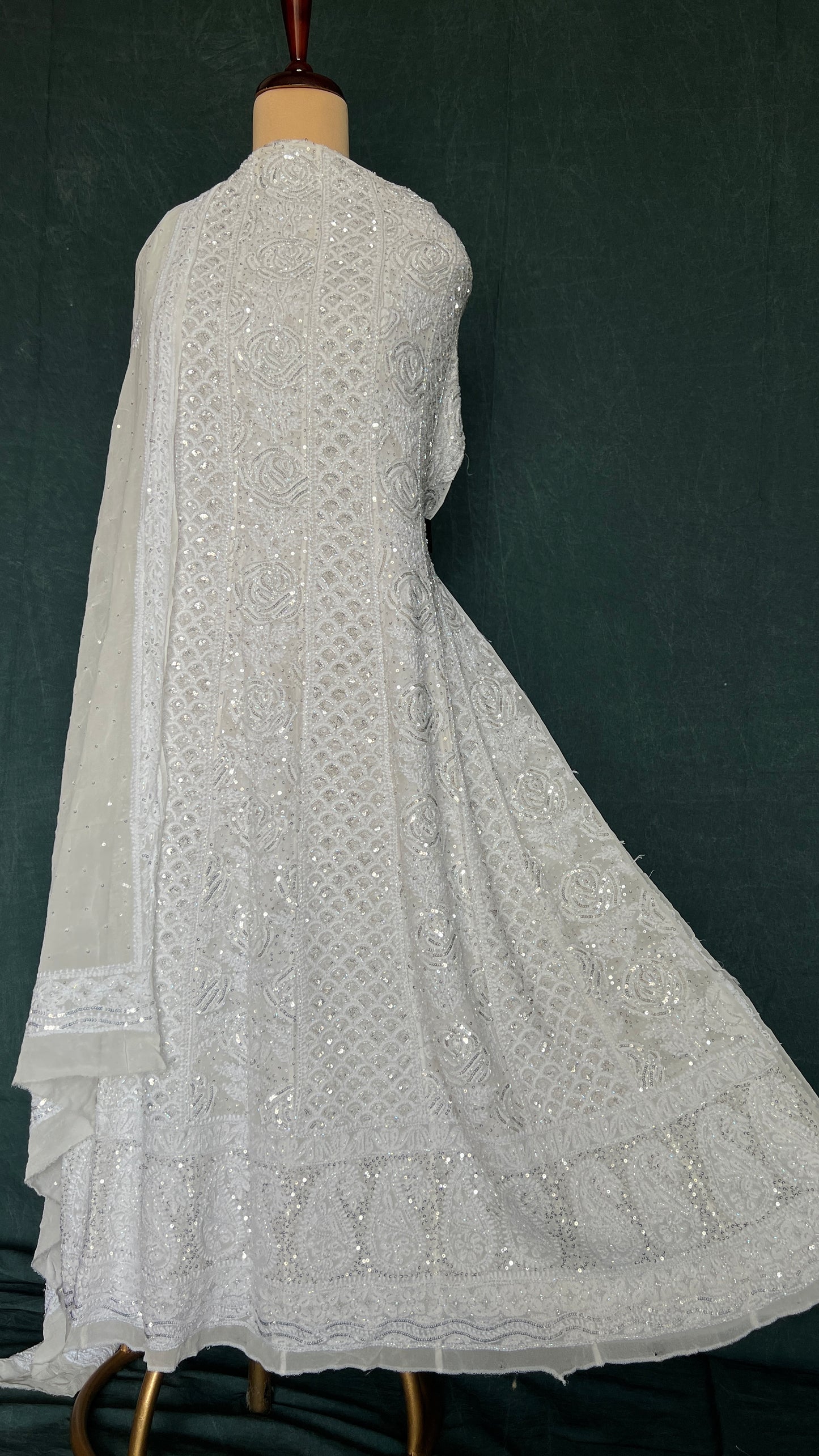 Ruhani White Chikankari Sequins and Cut Dana Anarkali