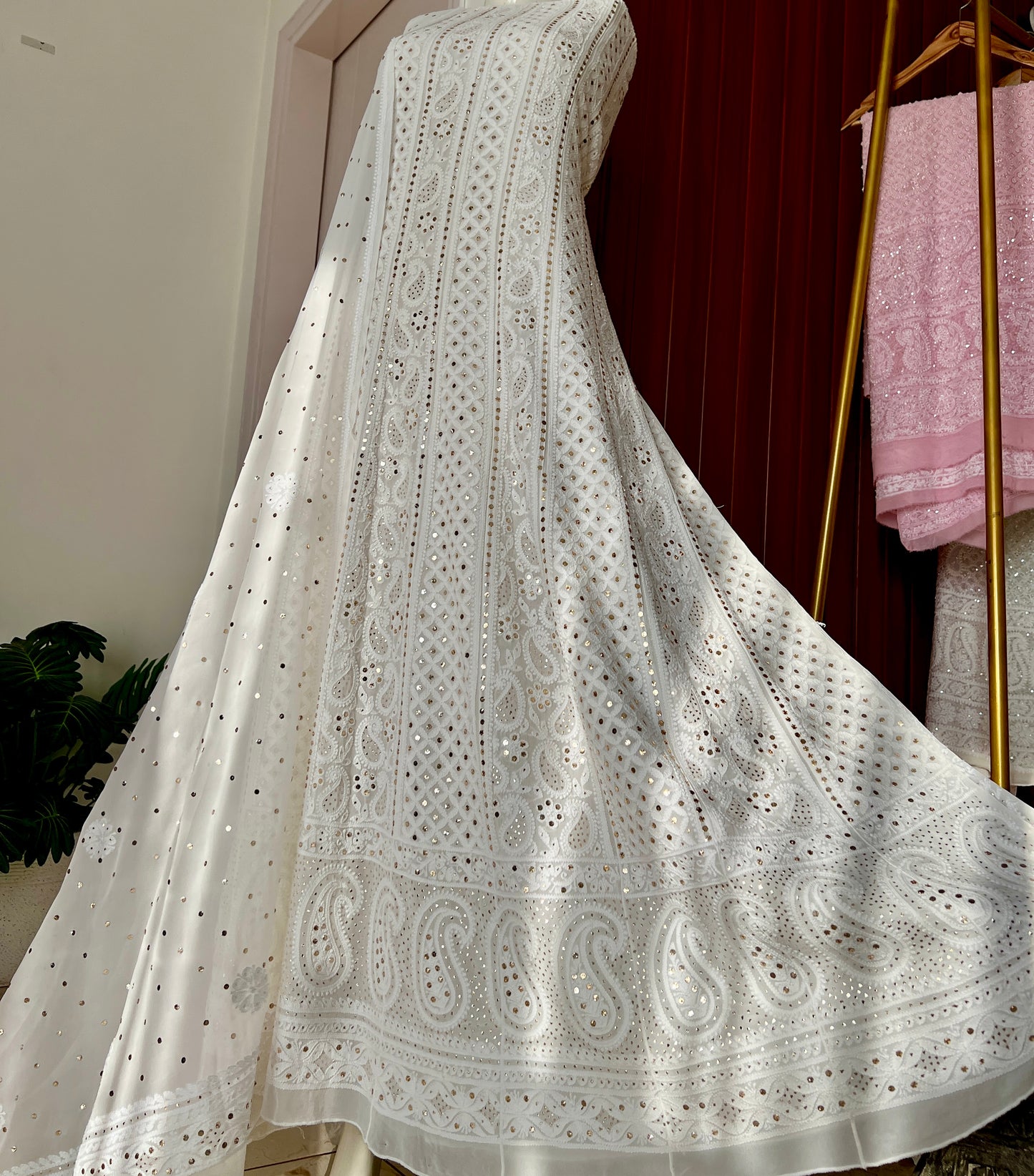 White allover Chikankari and mukaish anarkali with dupatta