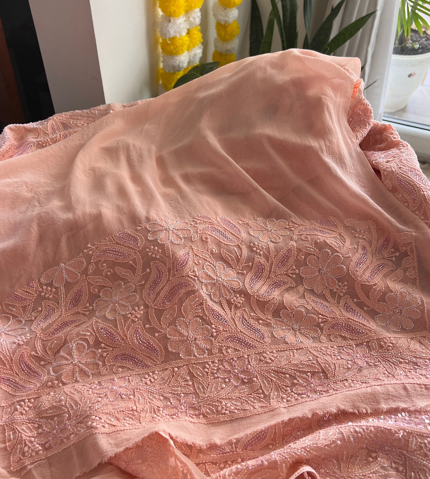 Ruhani Blush Peach Chikankari Cut Dana and Sequins Saree