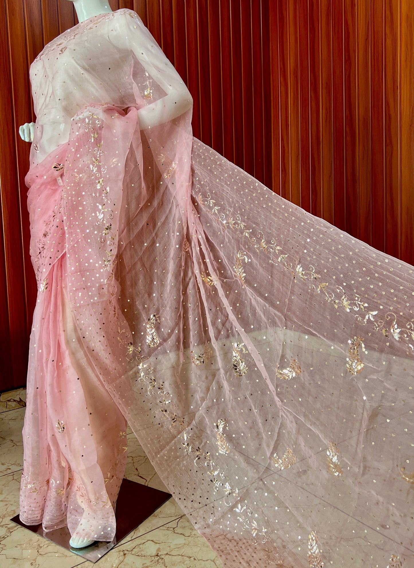 Ruhani Blush Pink Pure Organza Saree with Badla and Mukaish Work