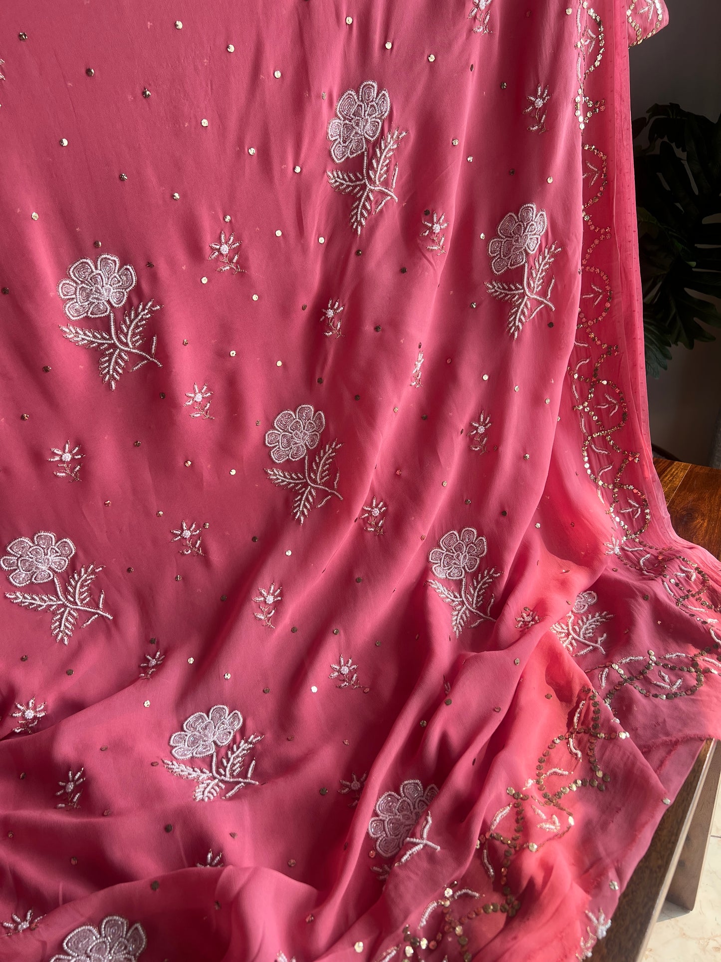 Rouge Pink georgette Saree with Mukaish and pearl work