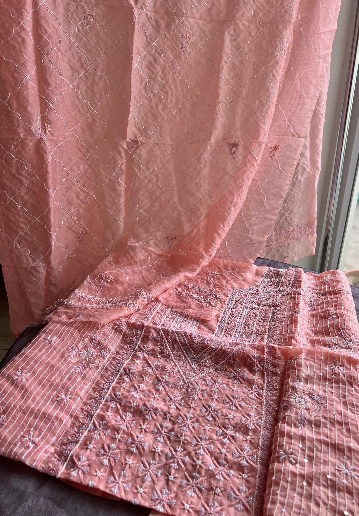 Ruhani Gajri Pink Chikankari & heavy Sequins pure Organza kurta with dupatta