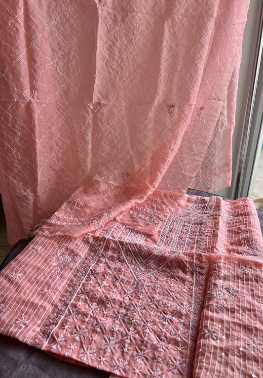 Ruhani Gajri Pink Chikankari & heavy Sequins pure Organza kurta with dupatta