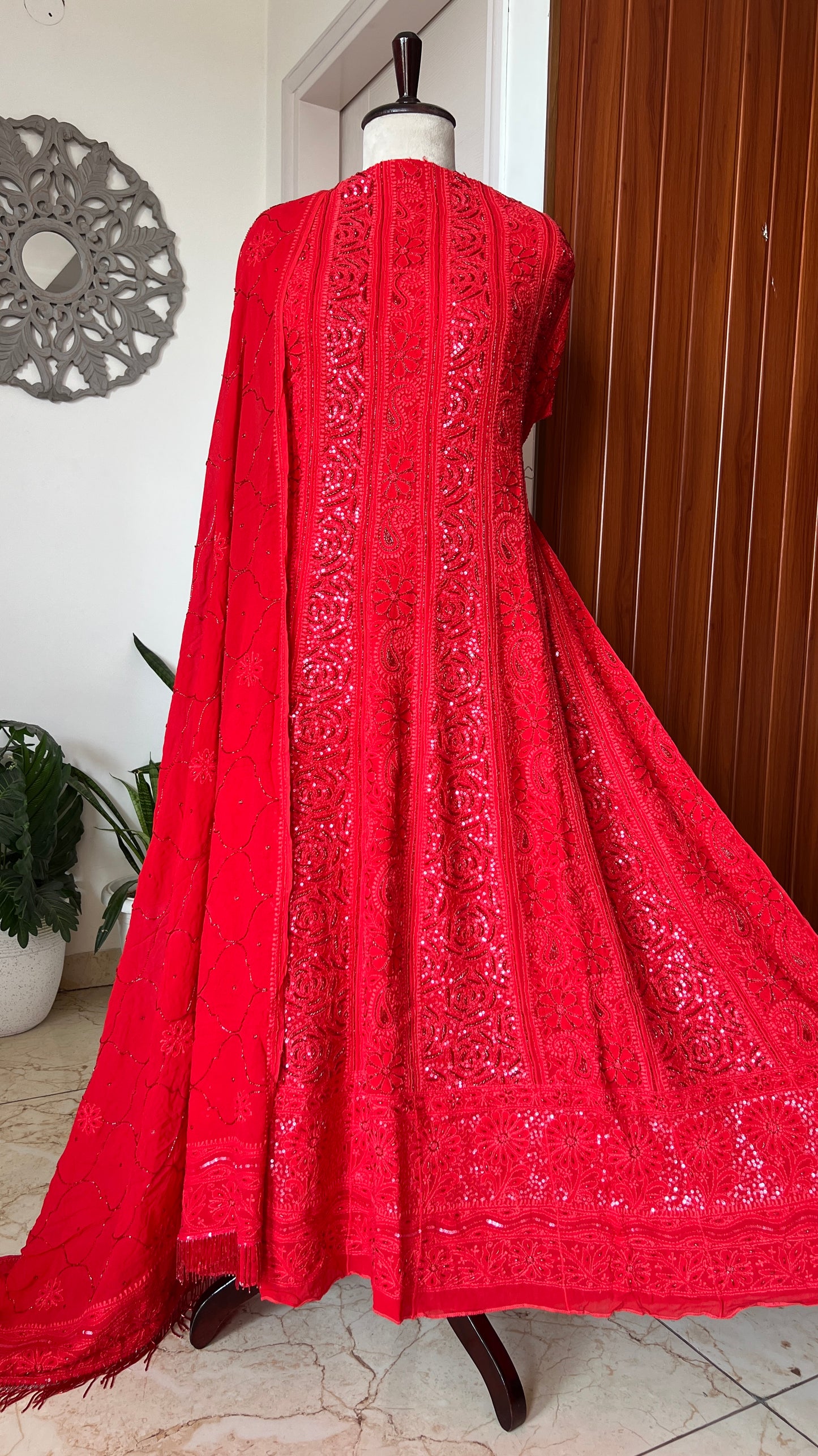 Red Chikankari Sequins and Cut Dana Anarkali