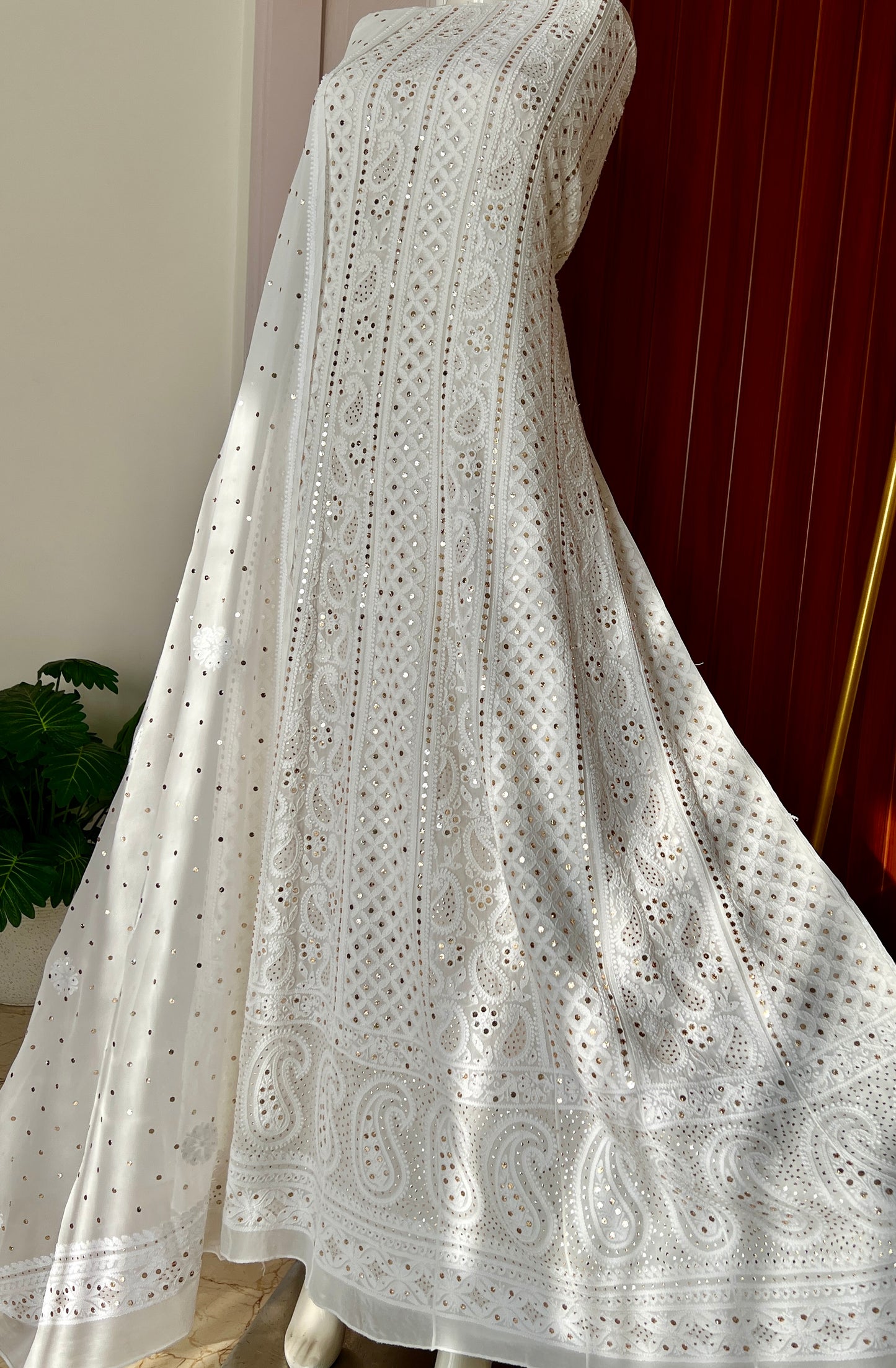 White allover Chikankari and mukaish anarkali with dupatta