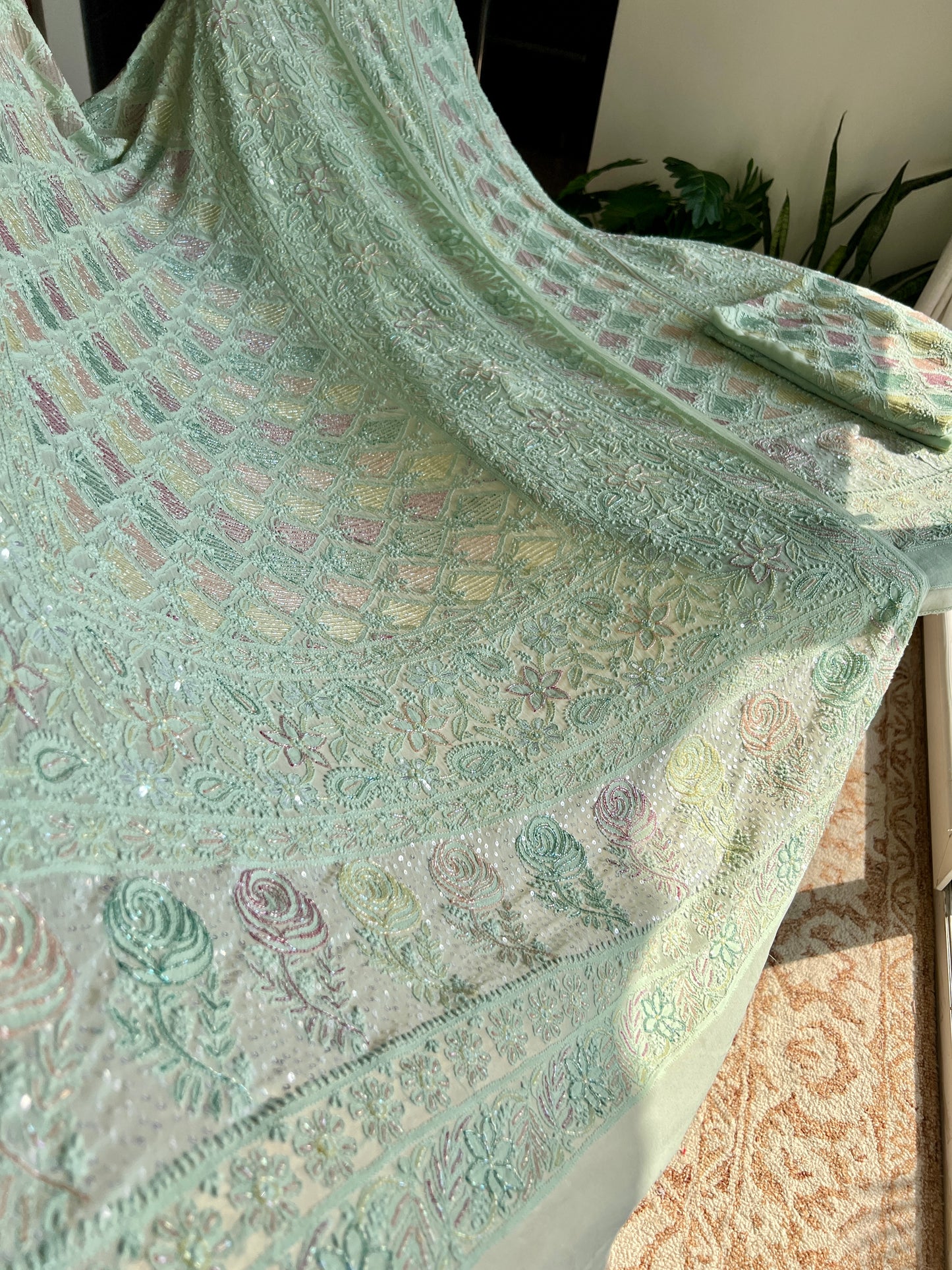 Mint green Chikankari multi Cut Dana Sequins Lehenga