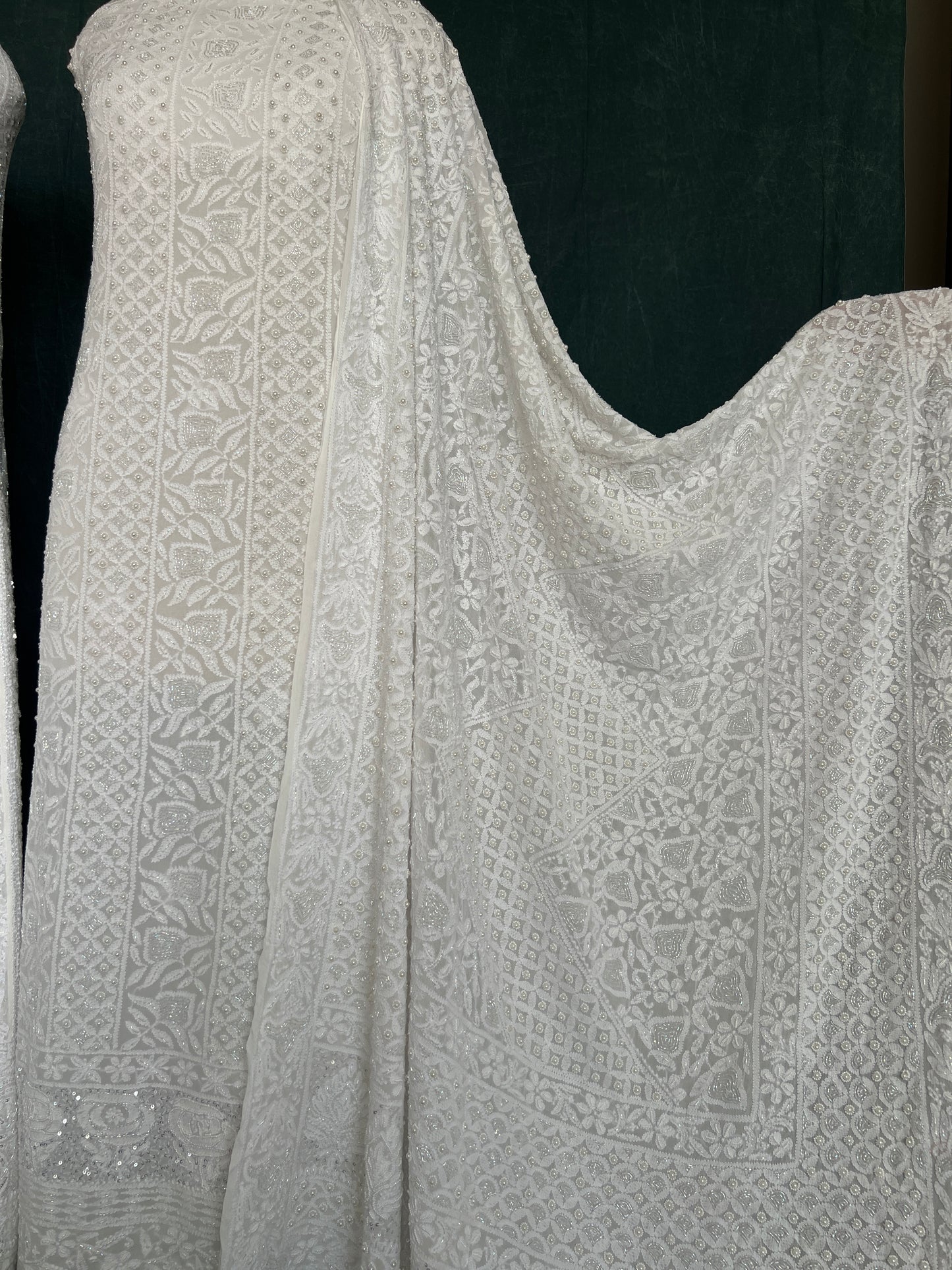 White Chikankari pearl cut Dana and Sequins work Kurta with Jaal Dupatta