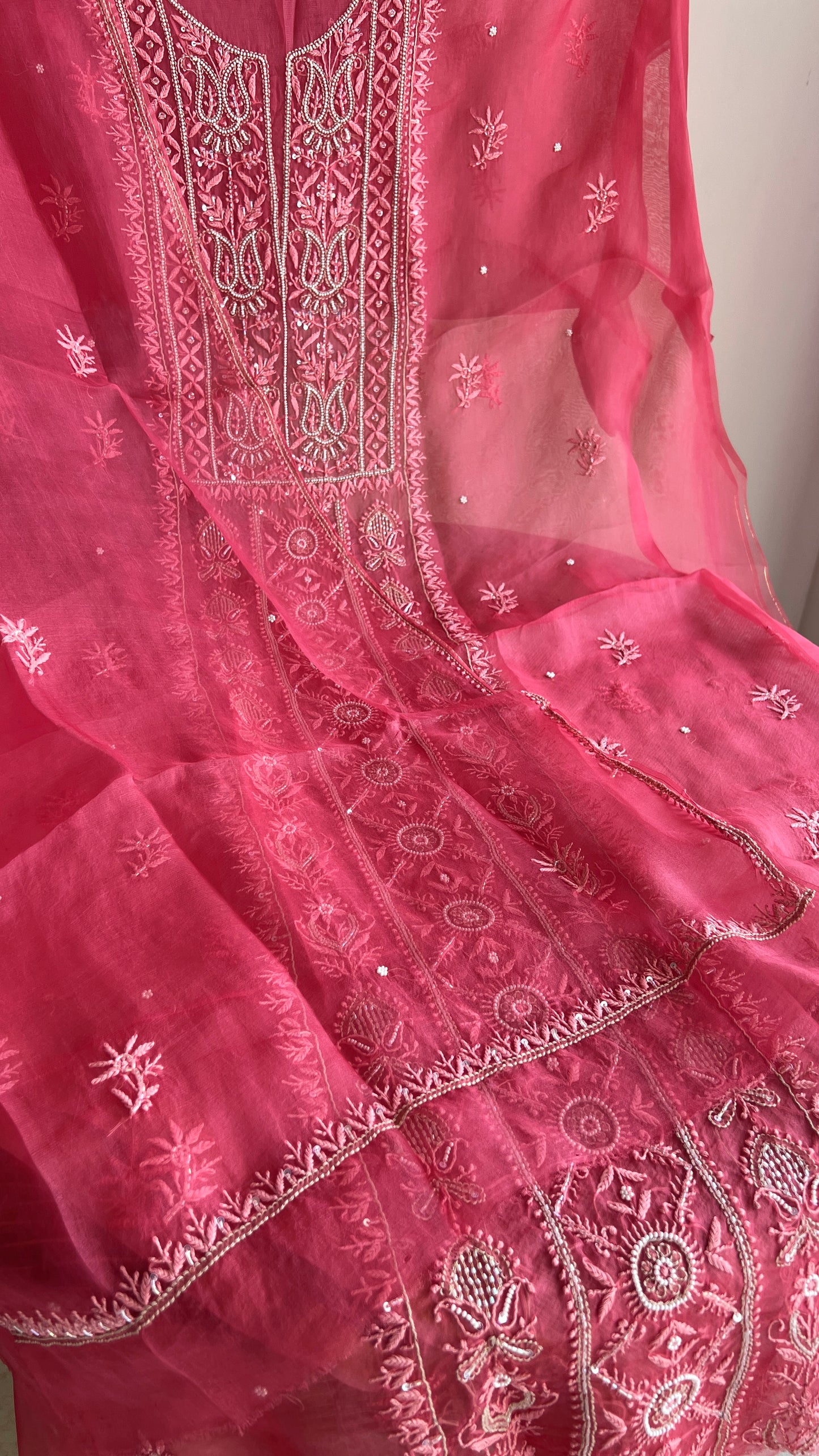 Gajri pink Chikankari pearl sequins pure Organza kurta with dupatta