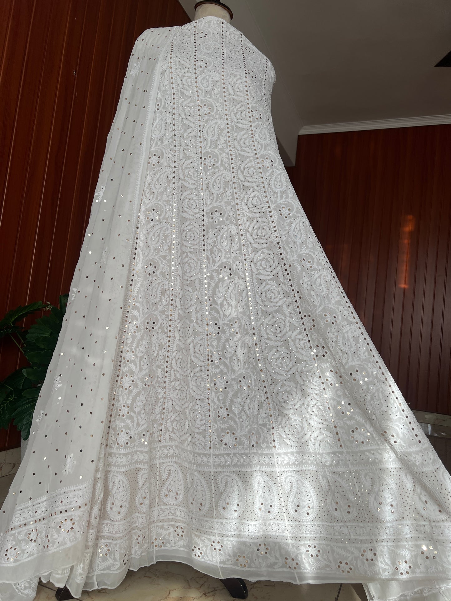White allover Chikankari and mukaish anarkali with dupatta