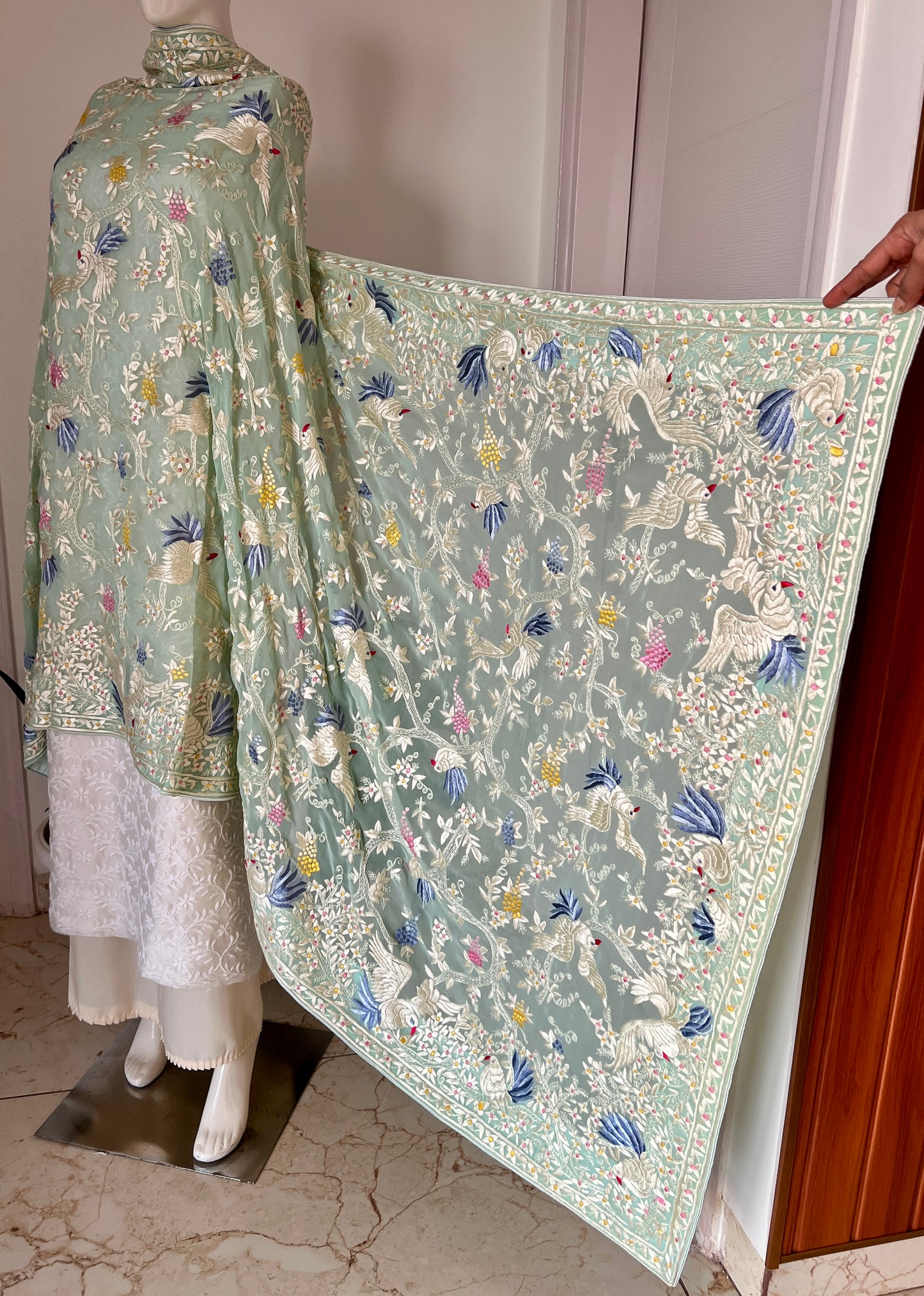 Mint green masterpiece Parsi Gara Dupatta Hand Embroidered