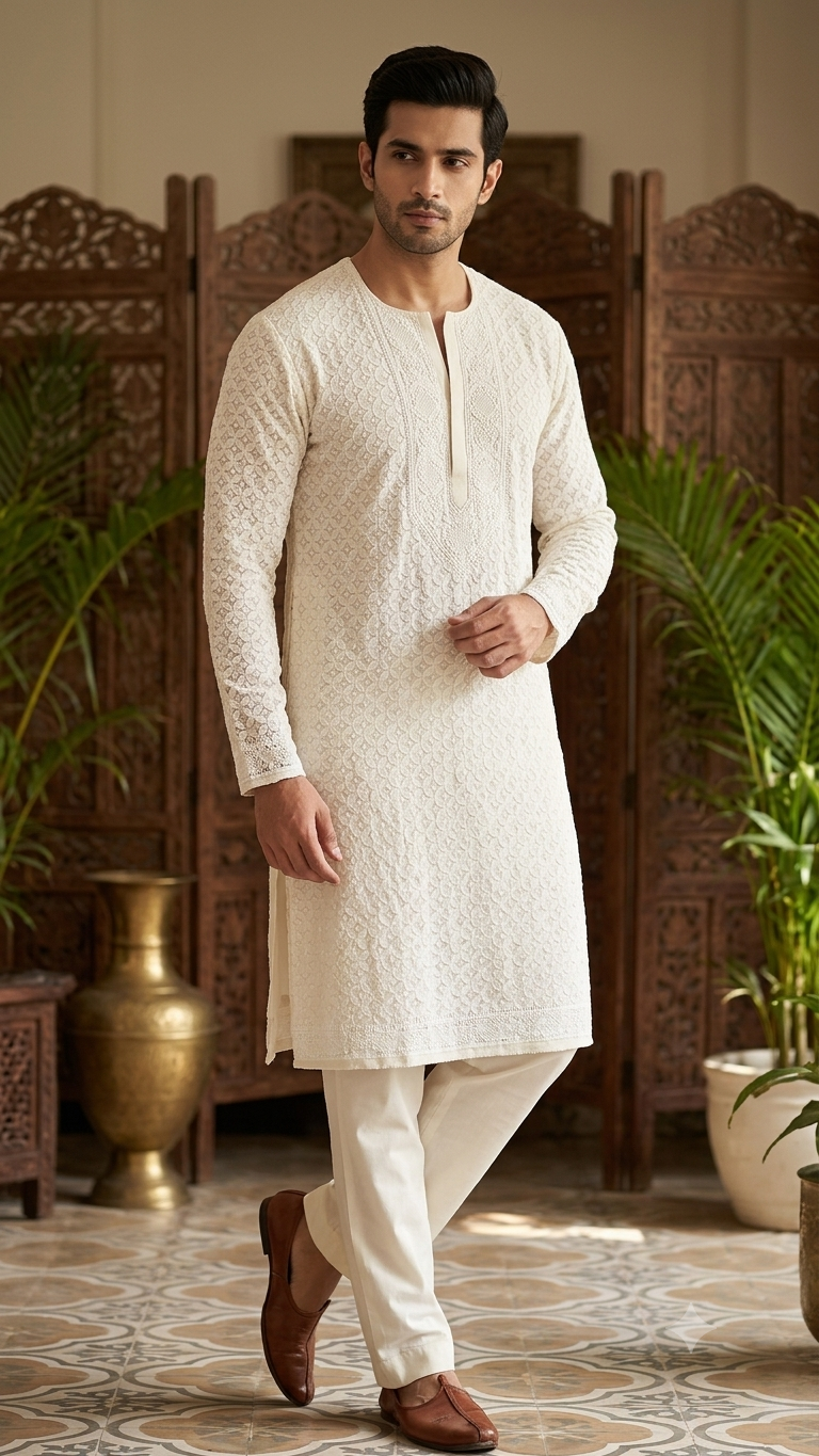 Ivory Allover Chikankari Men's Kurta Fabric