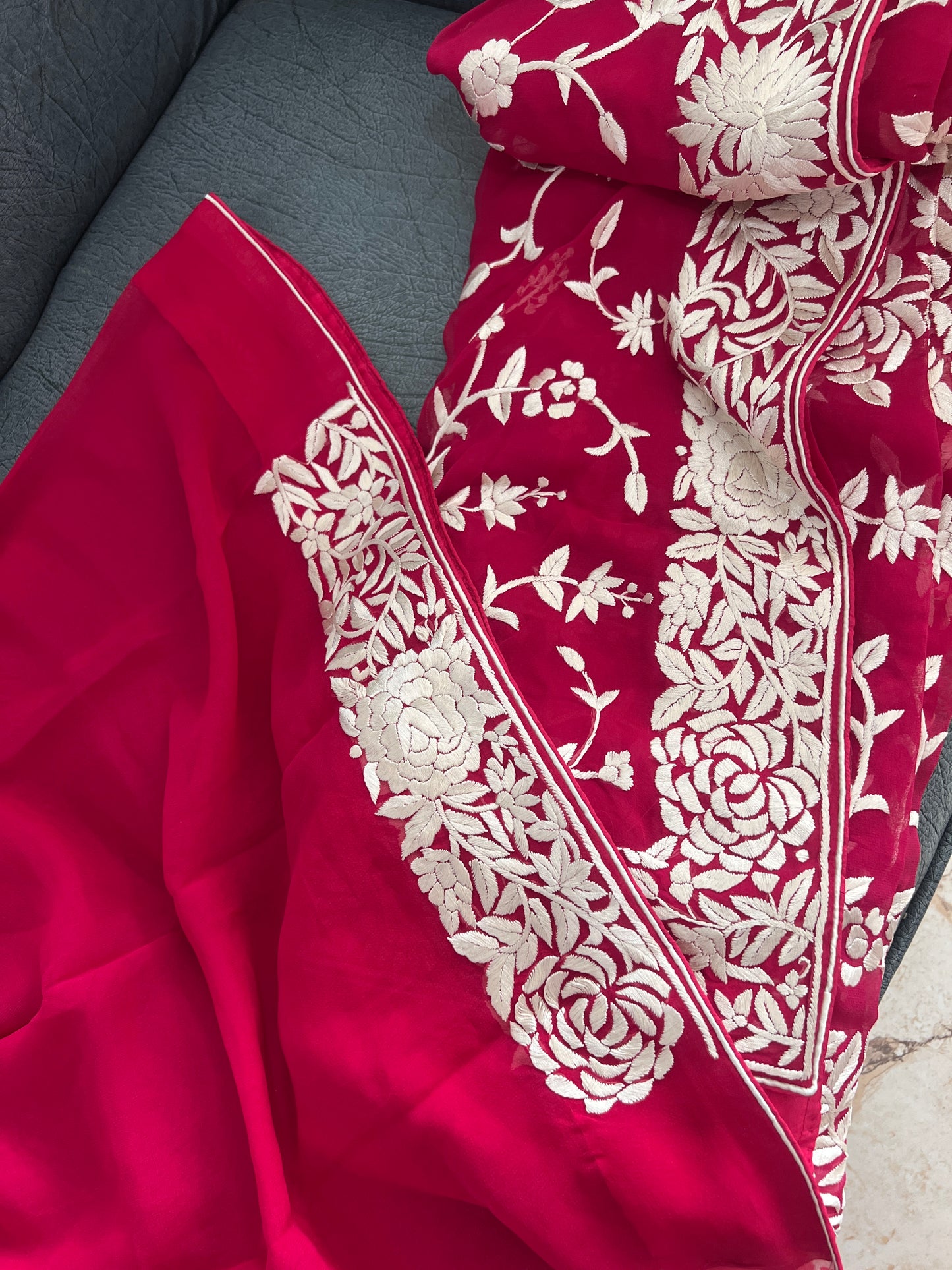 Crimson Parsi Gara Hand Embroidered Saree