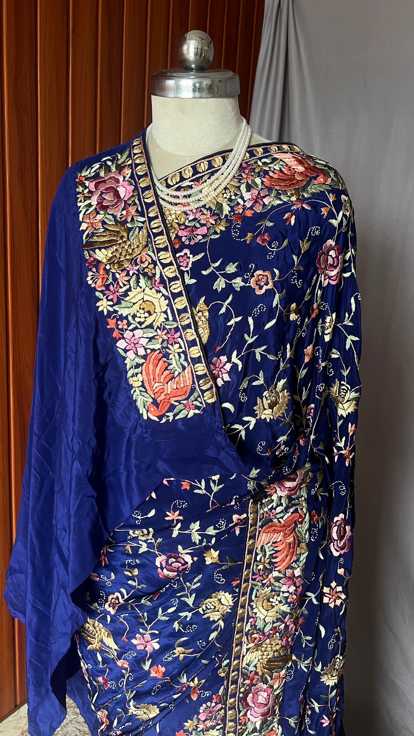 Navy Blue Masterpiece Parsi Gara Pure Crepe Saree