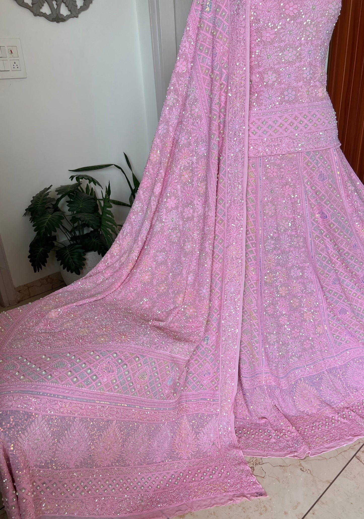 Ruhani Rose Pink Chikankari Multicolored Cut Dana Sequins Lehenga