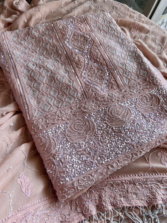 Old Rose Chikankari cut dana and sequins work kurta and dupatta