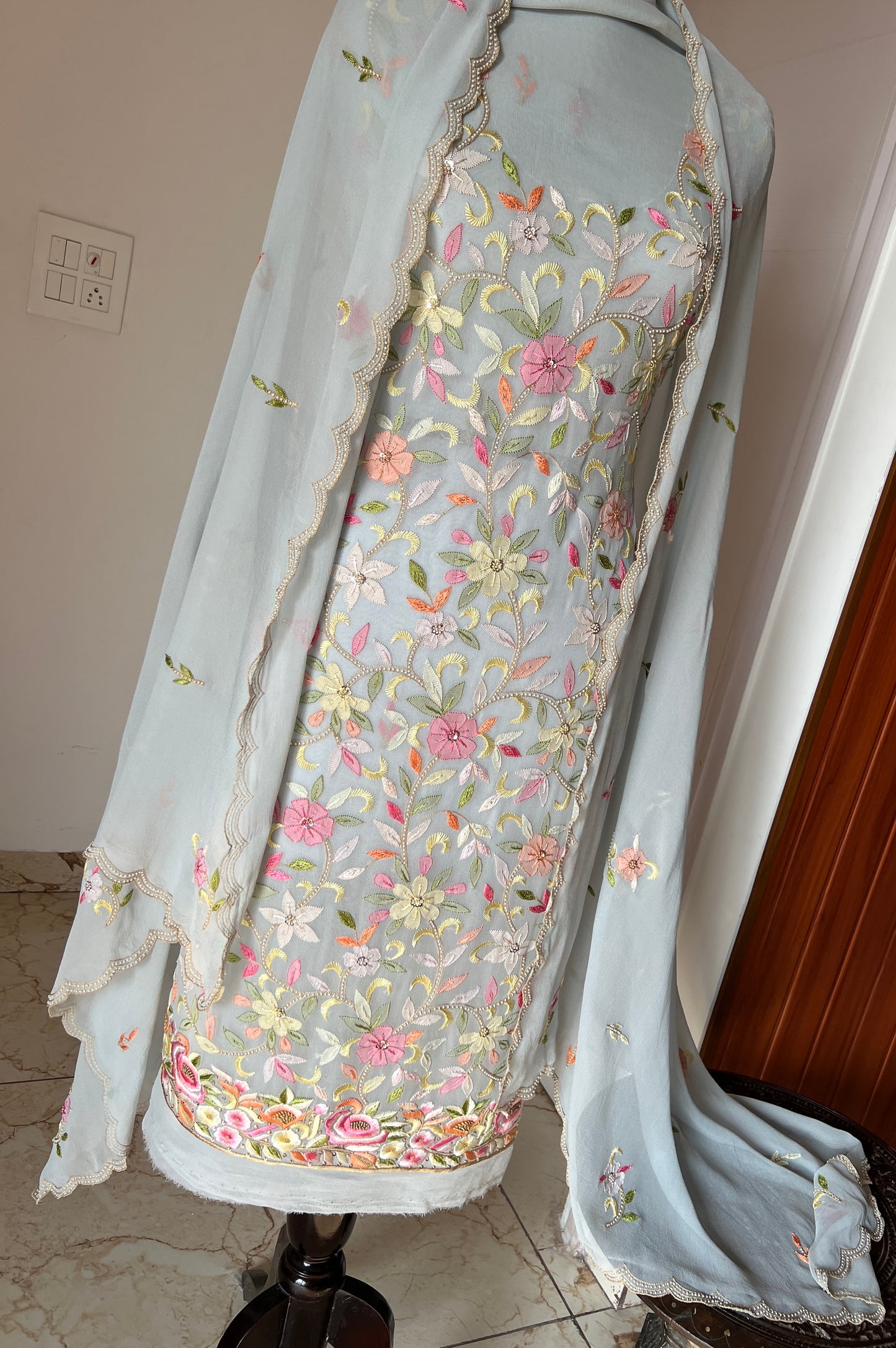Ice Mint Resham Chikankari Parsi Gara and pearl work suit