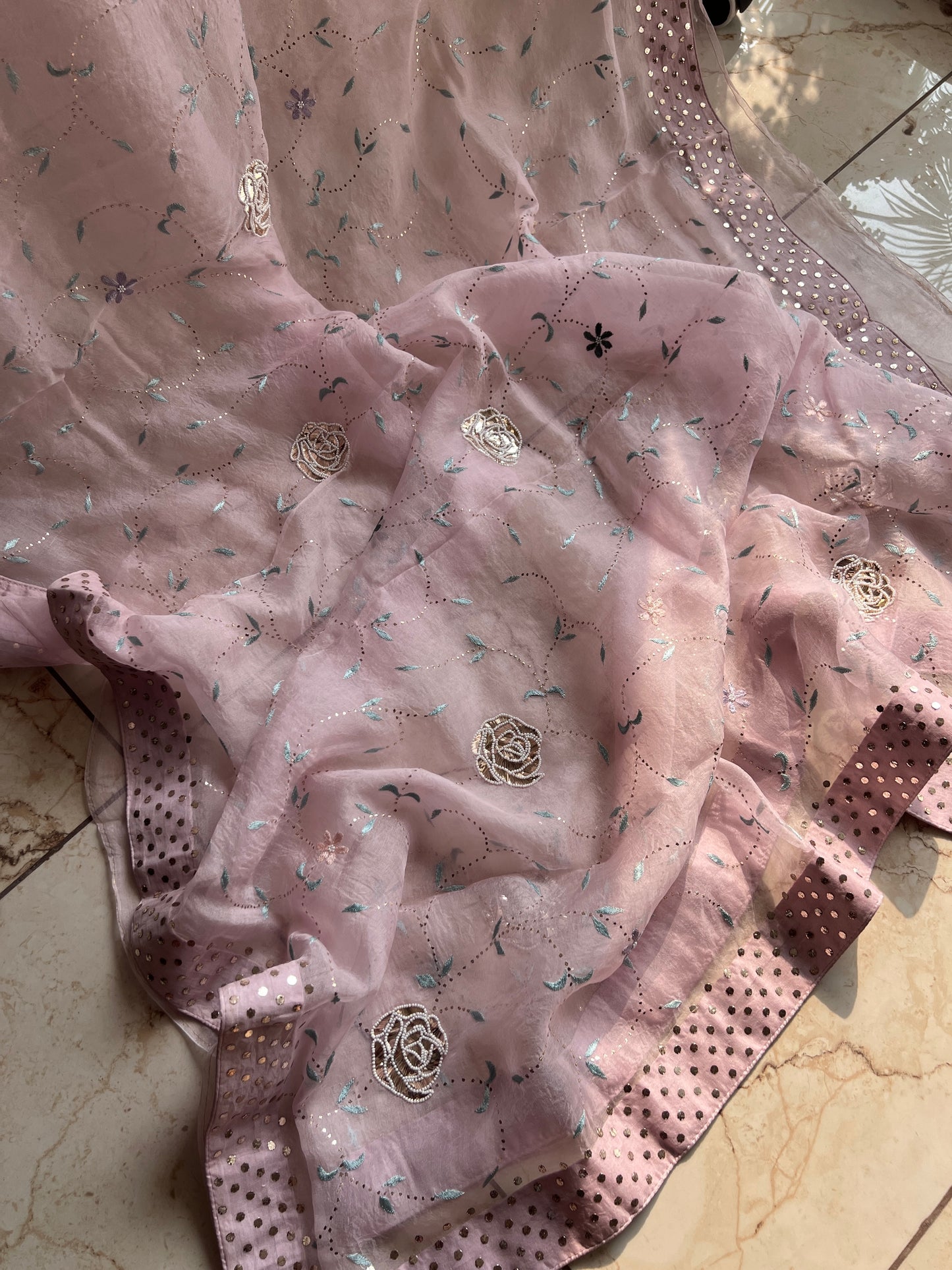 Ruhani Lilac Pure Organza Saree with Resham, pearl and Mukaish Work