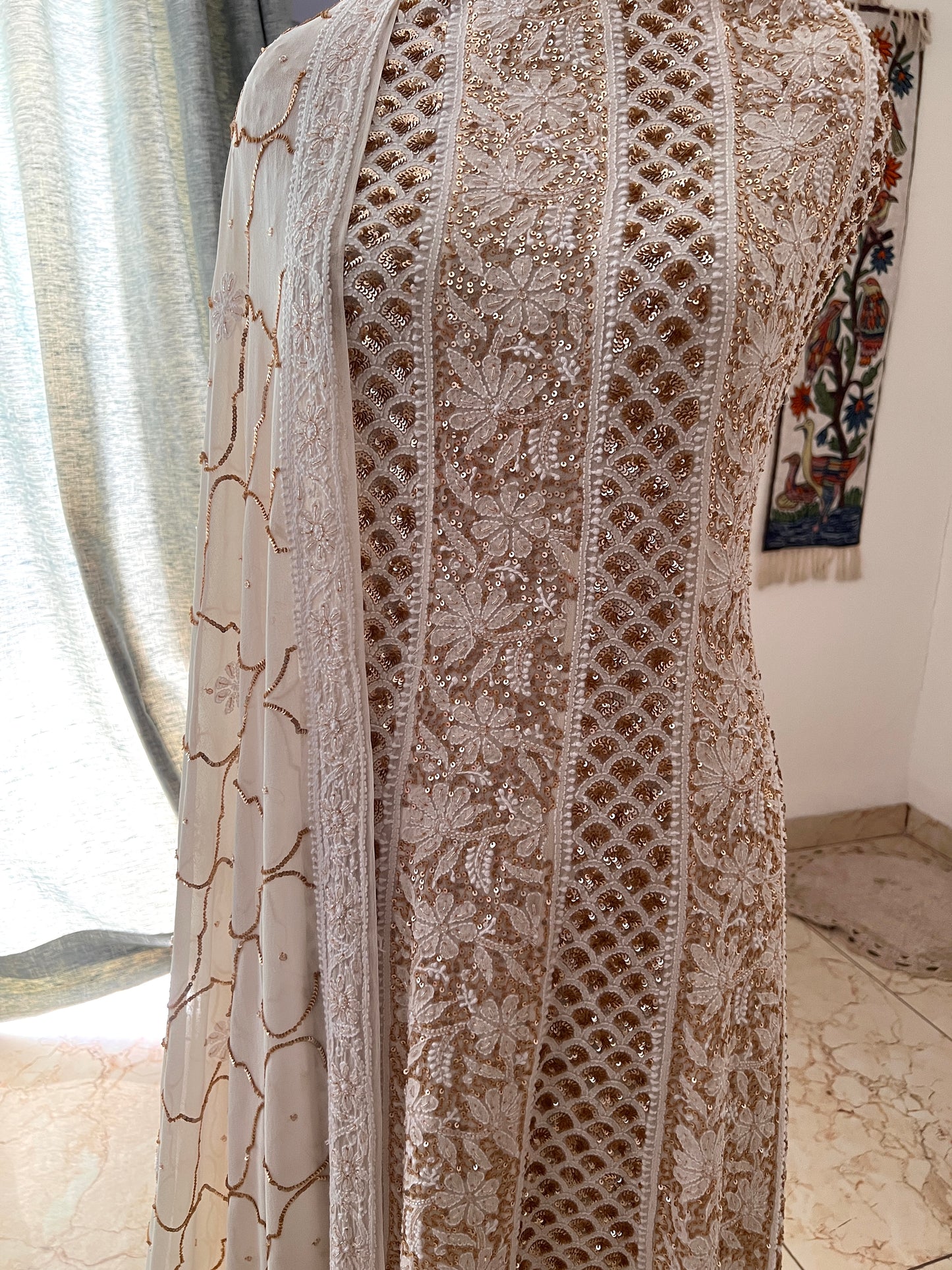 Ruhani Off white Chikankari sequins cut Dana Anarkali