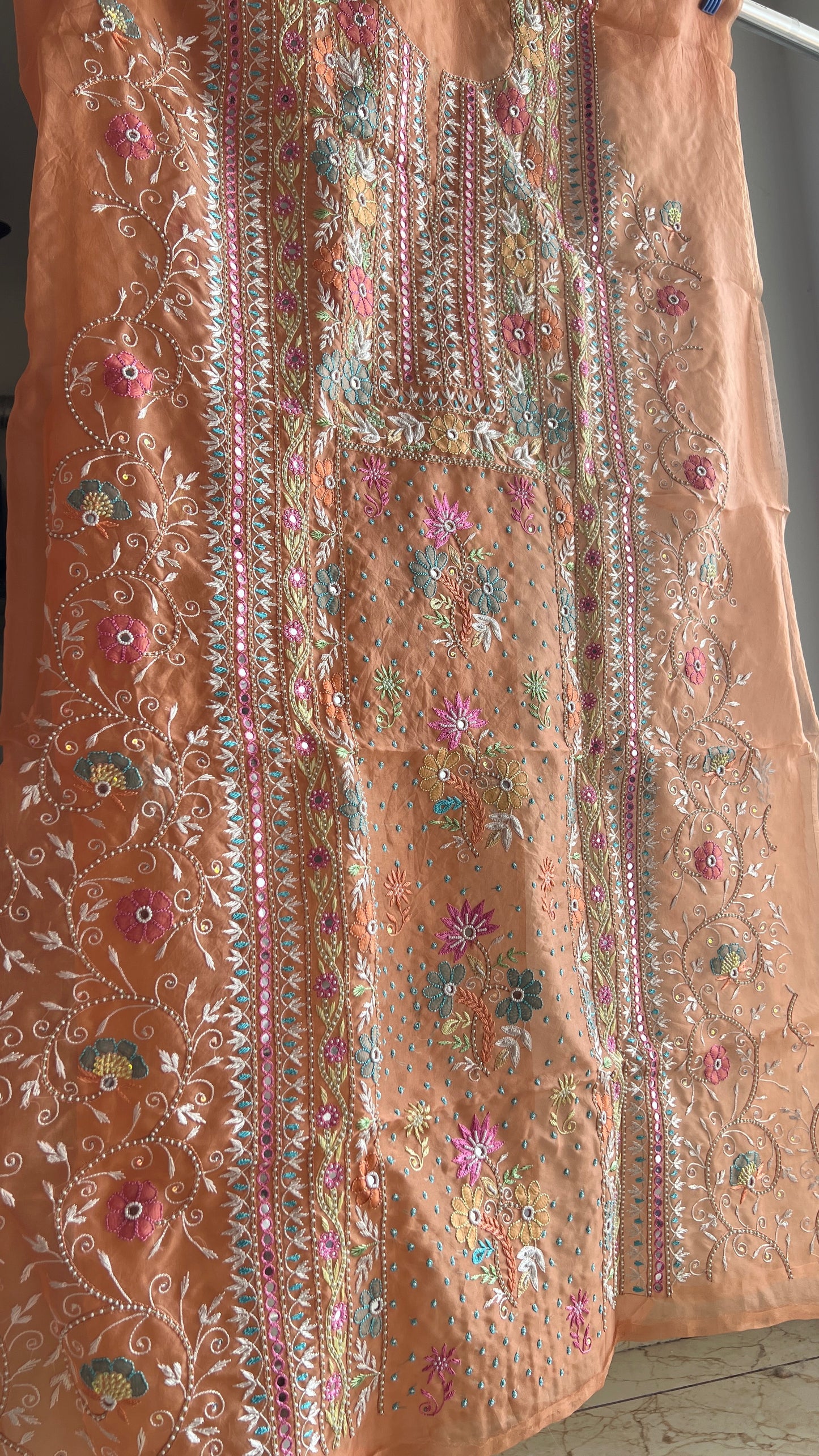 Ruhani Orange fine Chikankari pure Organza kurta with dupatta