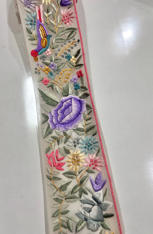 Off white White multicolored hand embroidered parsi gara border
