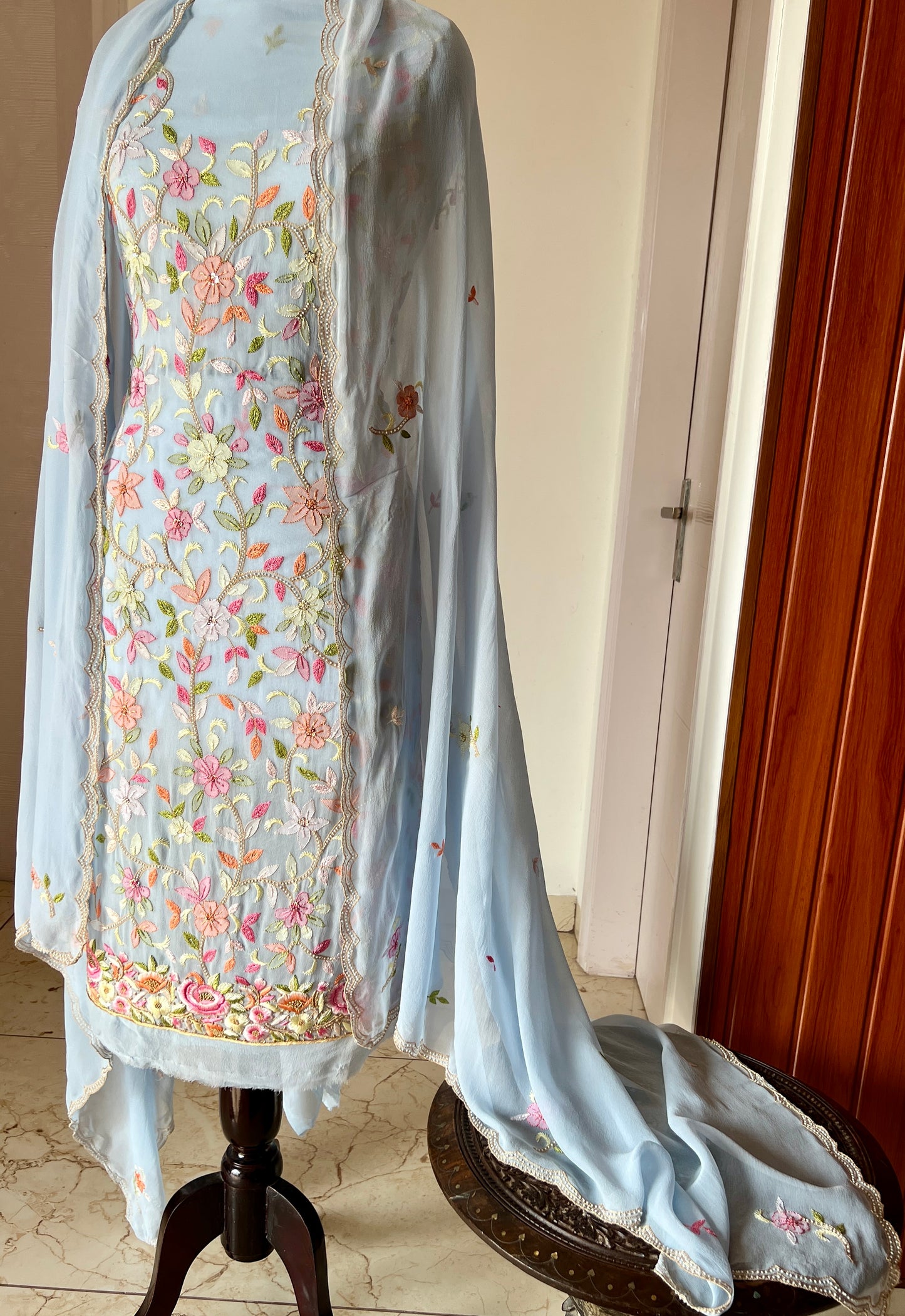 Light Blue Resham Chikankari Parsi Gara and pearl work suit